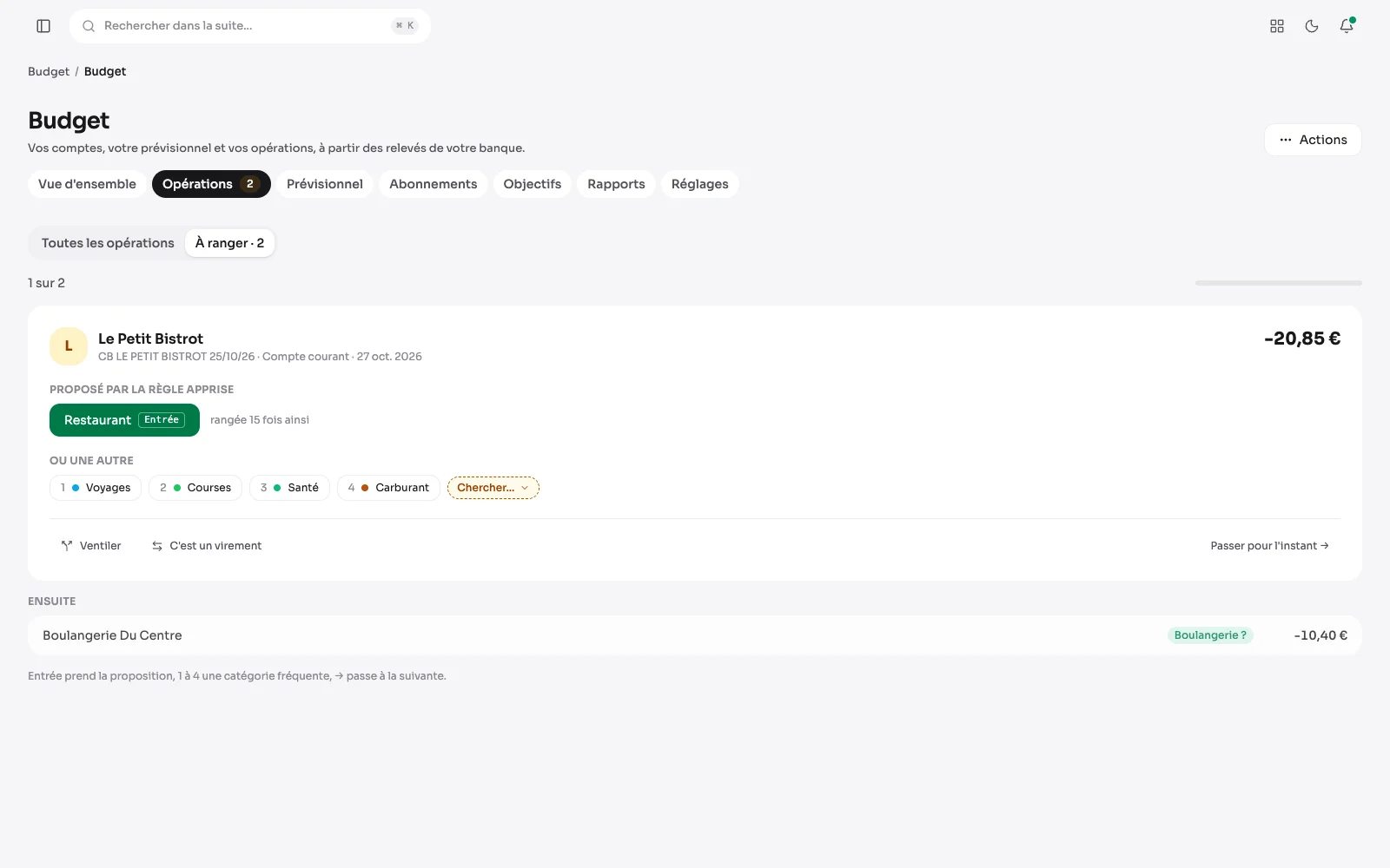 La file « À ranger » : une opération au restaurant, la catégorie proposée par la règle apprise et les quatre catégories fréquentes.