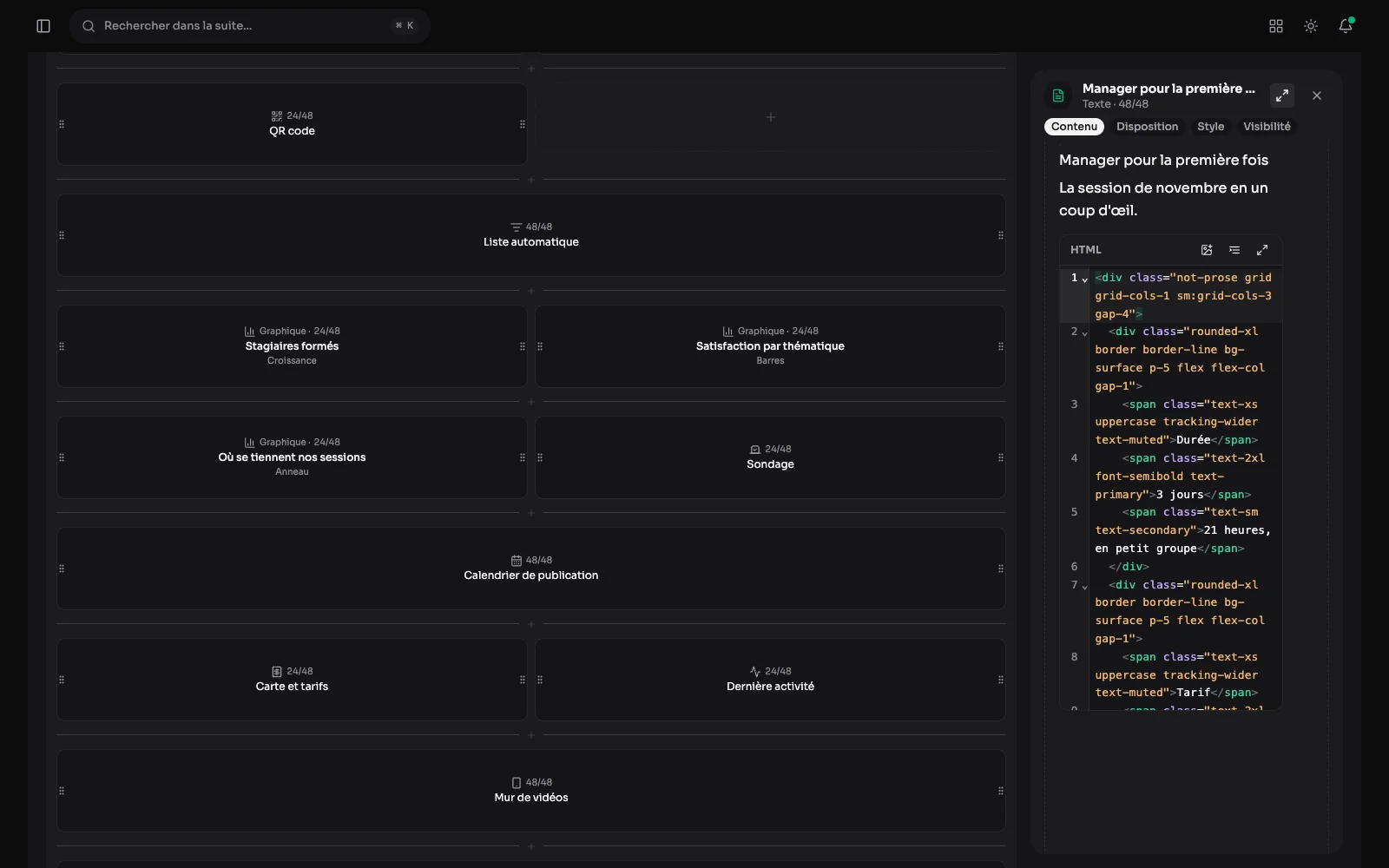 Le panneau élargi d'une zone de texte, avec un bloc HTML ouvert dans l'éditeur de code coloré.