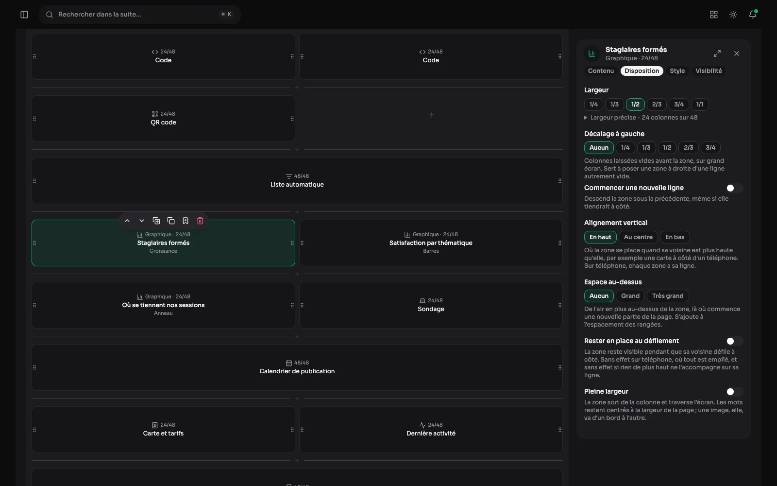 Un graphique choisi dans la grille, son panneau sur l'onglet Disposition : largeur, décalage à gauche, nouvelle ligne, alignement vertical et espace au-dessus.