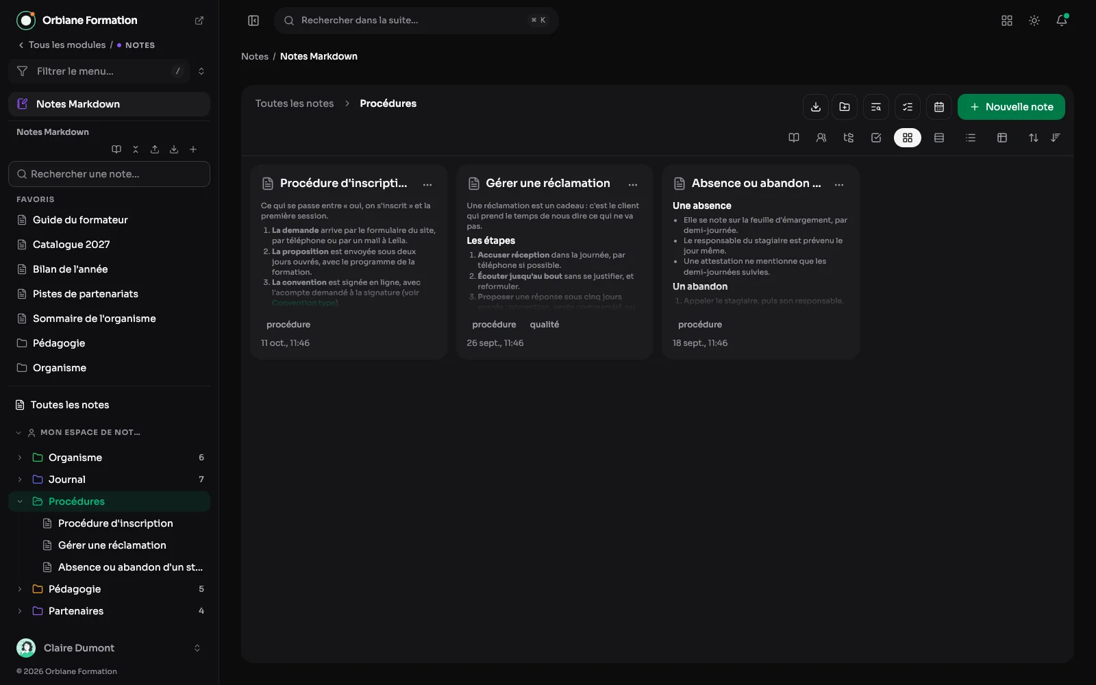 Le panneau par espace : son carnet d'abord, puis un espace partagé avec toute l'équipe, marqué comme publié.