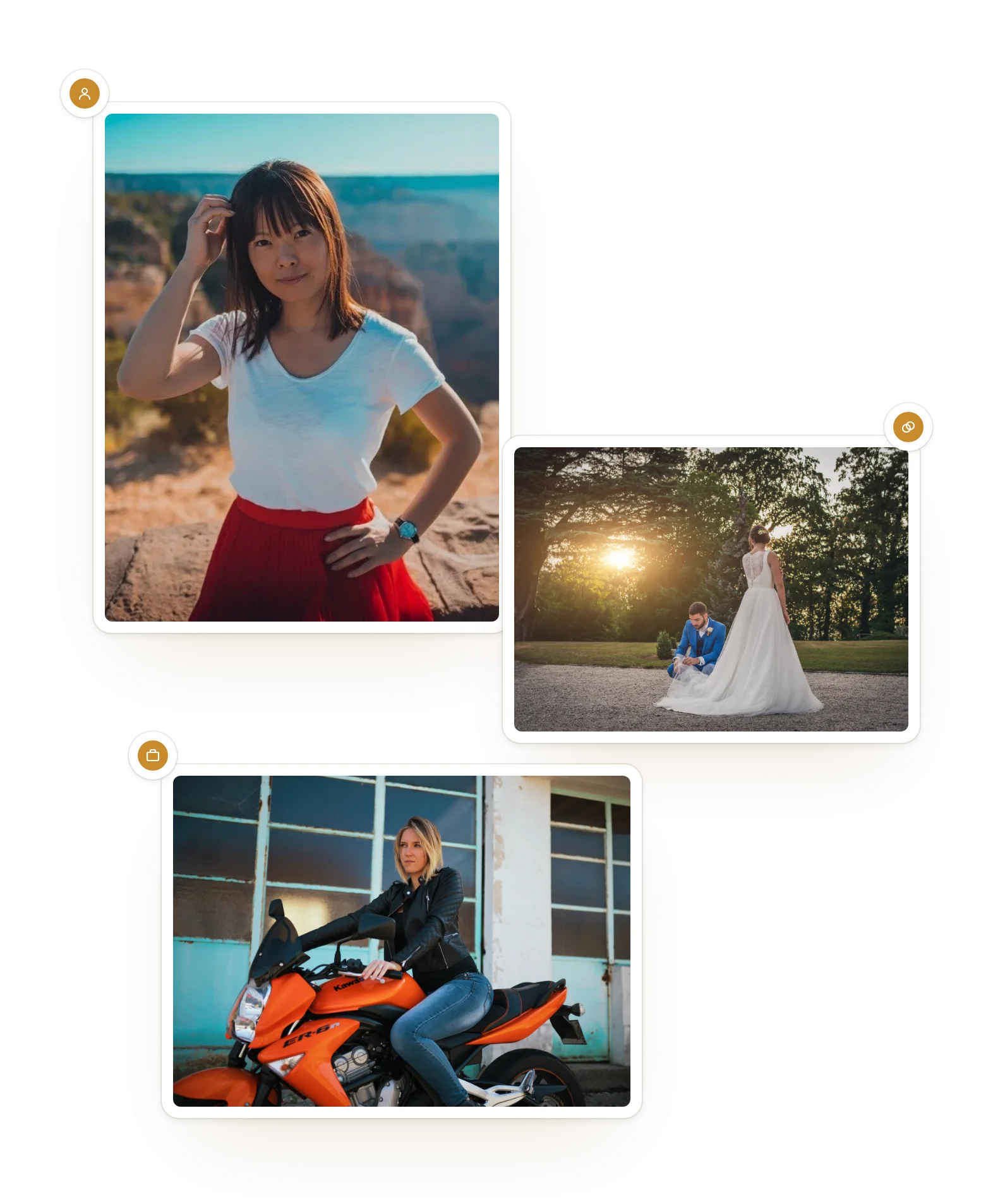 Trois tirages : un portrait au bord du Grand Canyon, une mariée au soleil couchant, et une séance moto pour une marque.