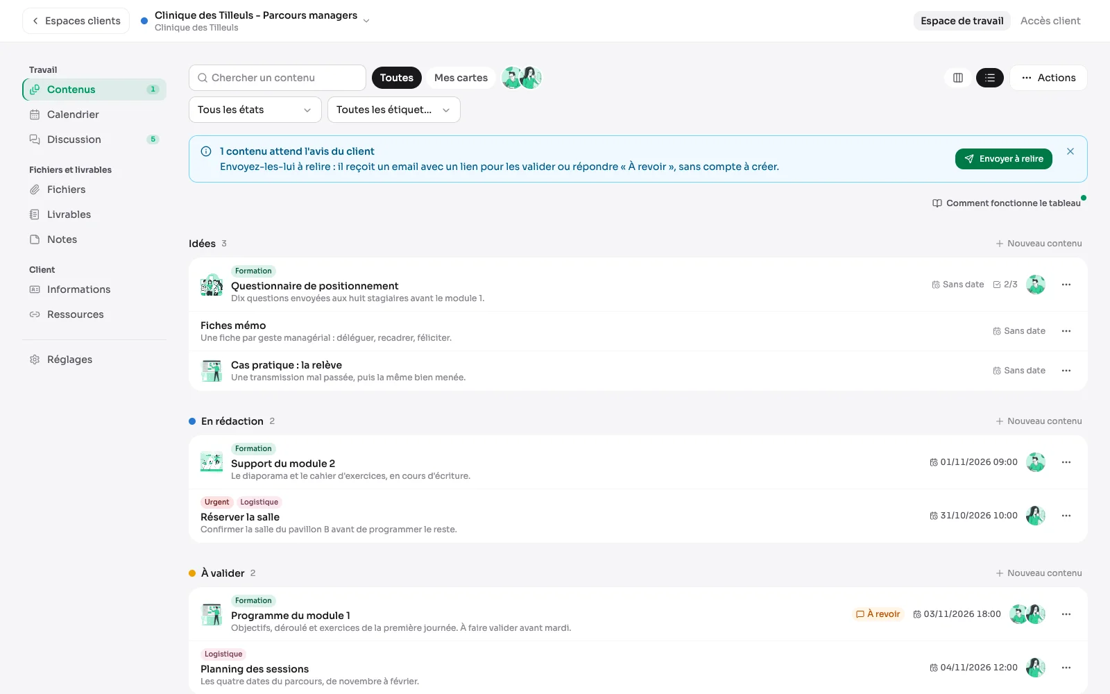 Het contentplan van een omgeving als lijst, geordend per stap, met het oordeel van de klant bij elke kaart.