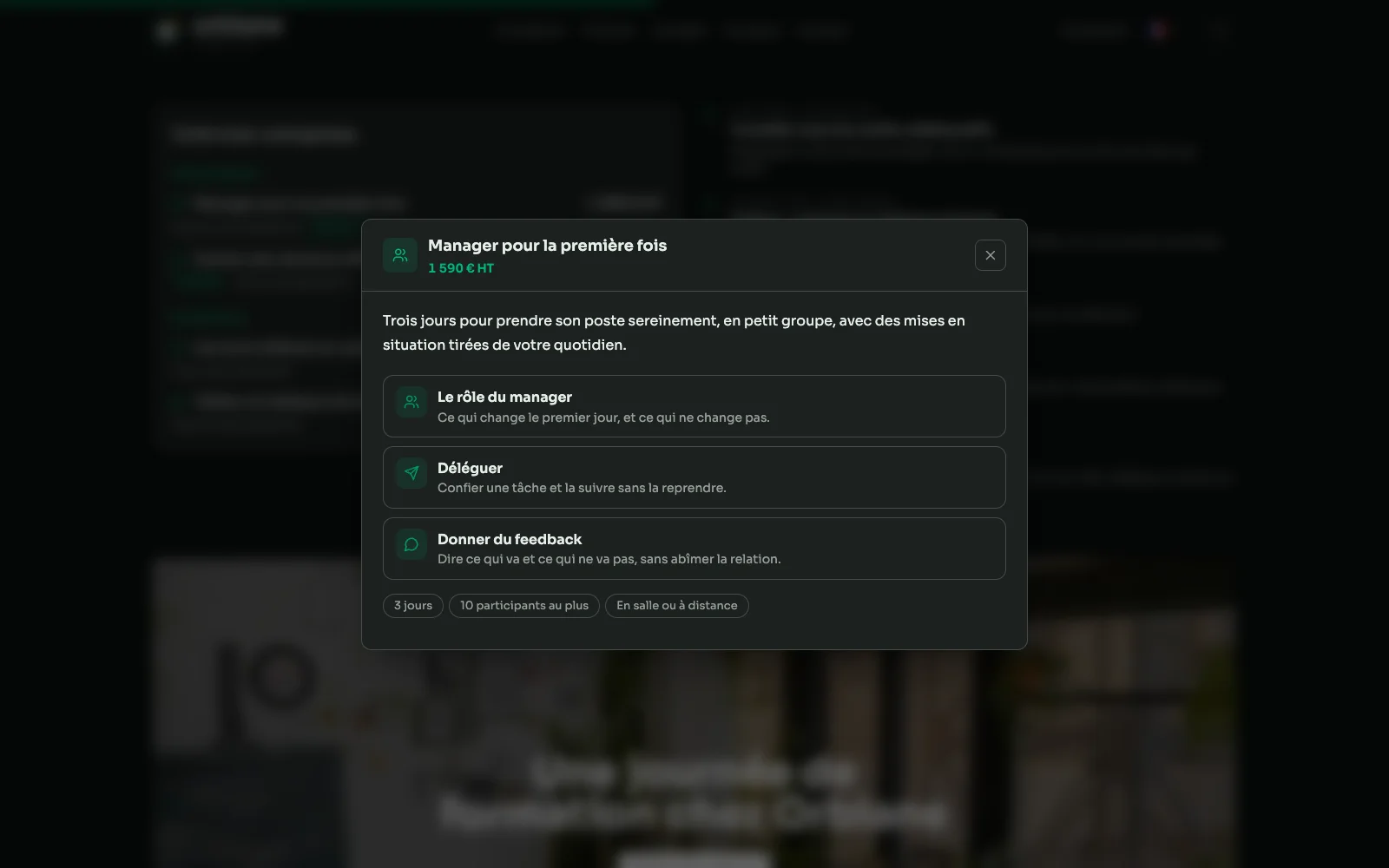 Das geöffnete Fenster von „Manager pour la première fois“: eine Einleitung, die drei Schritte des Programms mit ihrem Symbol und drei Badges.