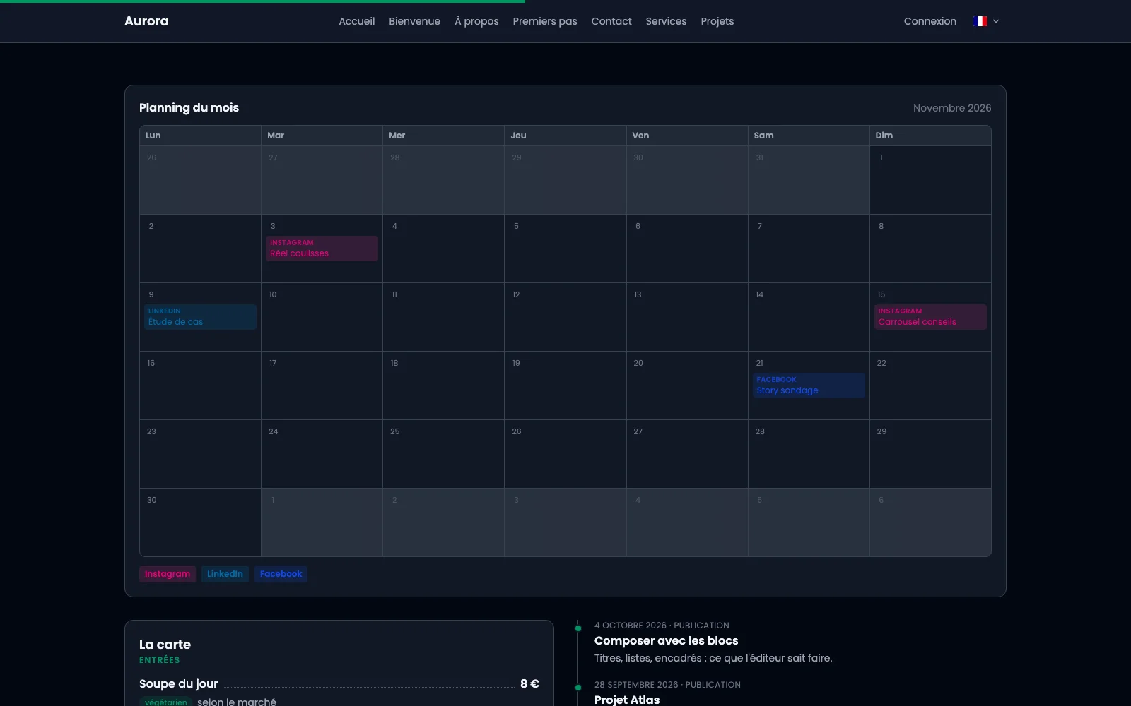 A month's editorial calendar, one colour per network.