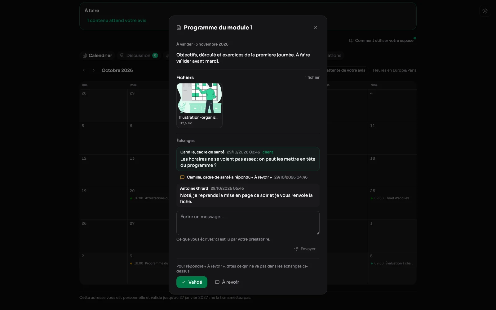Ein auf Kundenseite geöffneter Inhalt: sein Text, der Austausch und die Buttons „Freigegeben“ und „Änderungen angefragt“.