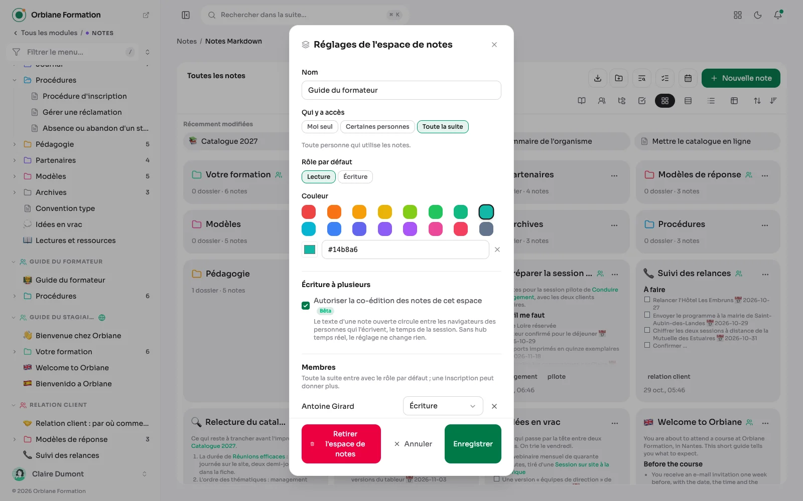 Les réglages d'un espace : l'accès, les membres et leur rôle, et la publication sur le web.