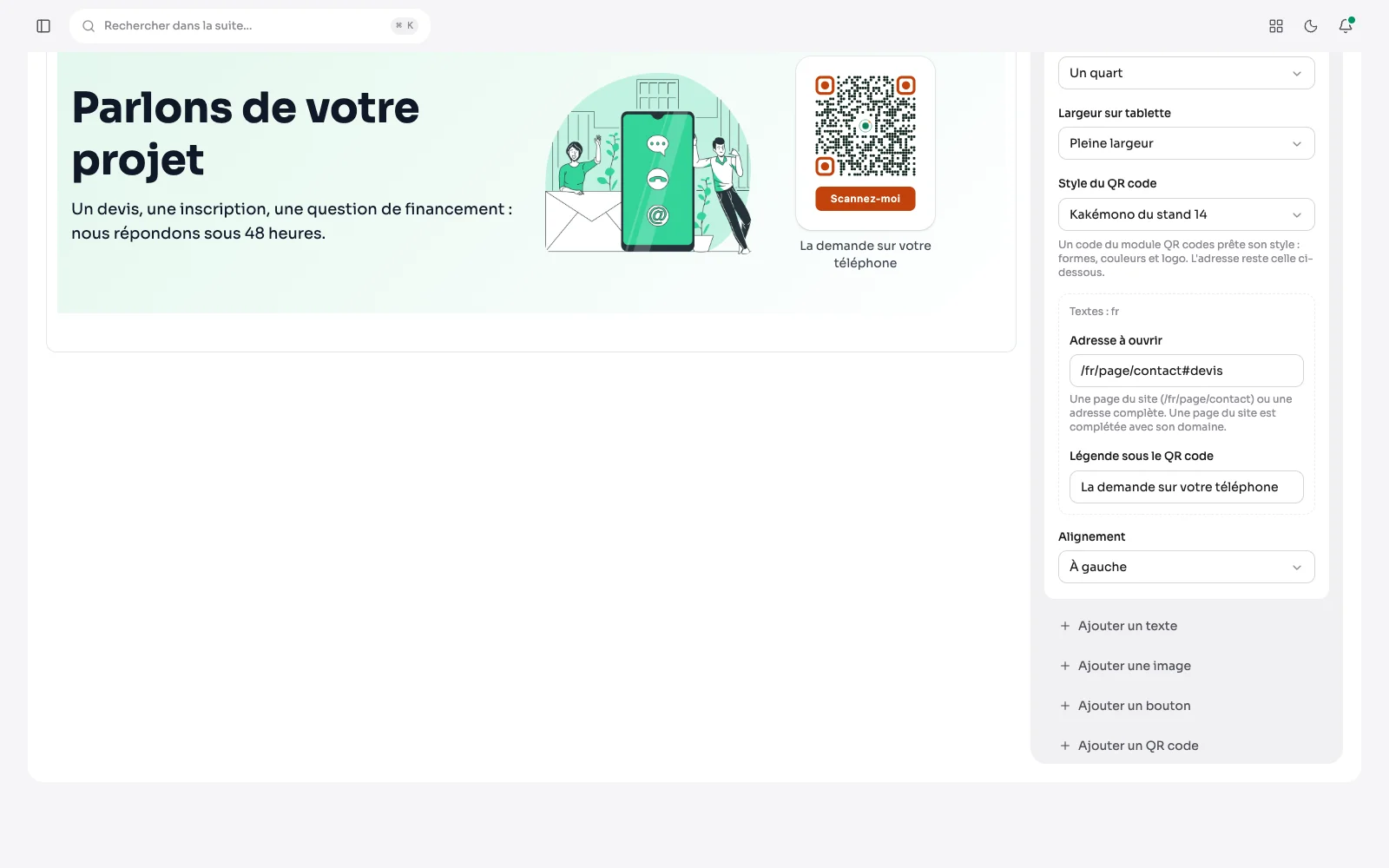 L'éditeur de l'en-tête d'une page Contact : l'aperçu montre un QR code « Scannez-moi » à côté de l'illustration, et le panneau règle sa largeur, son style emprunté à un code enregistré, son adresse et sa légende.