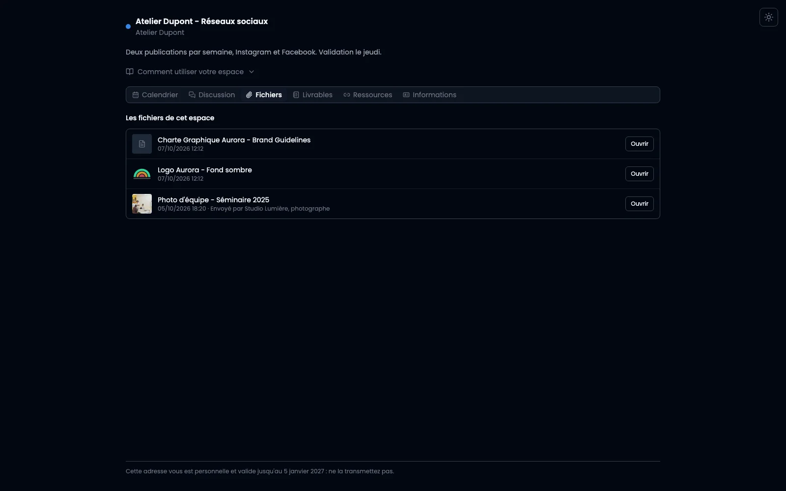 The space's files on the client's side, each with its date and origin.