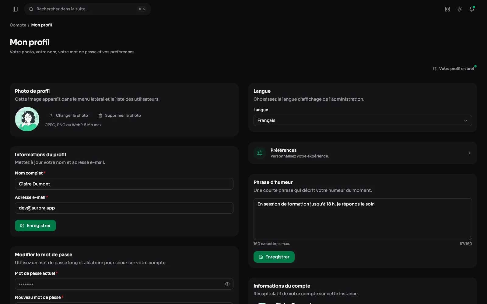 Le profil d'un compte : sa photo, son nom et son adresse, sa langue, sa phrase d'humeur et son mot de passe.
