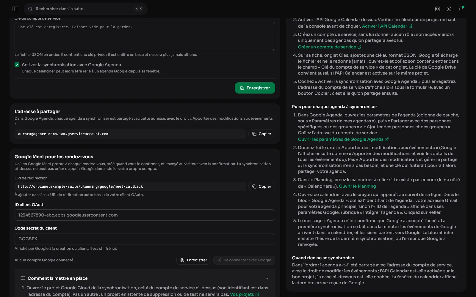 L'onglet Google Agenda de la configuration, activé : la clé du compte de service enregistrée, l'adresse à partager avec son bouton Copier, et le pas-à-pas de la mise en route, une fois pour le site puis pour chaque agenda.