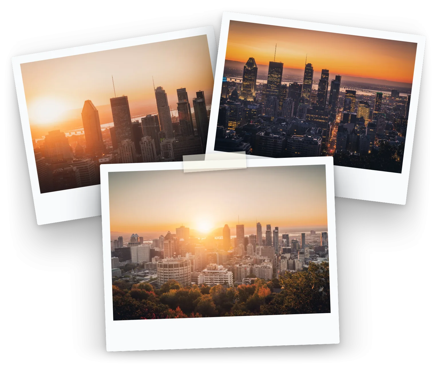 Trois tirages de Montréal : le centre-ville au lever du soleil, le ciel orange, la ville depuis le mont Royal.
