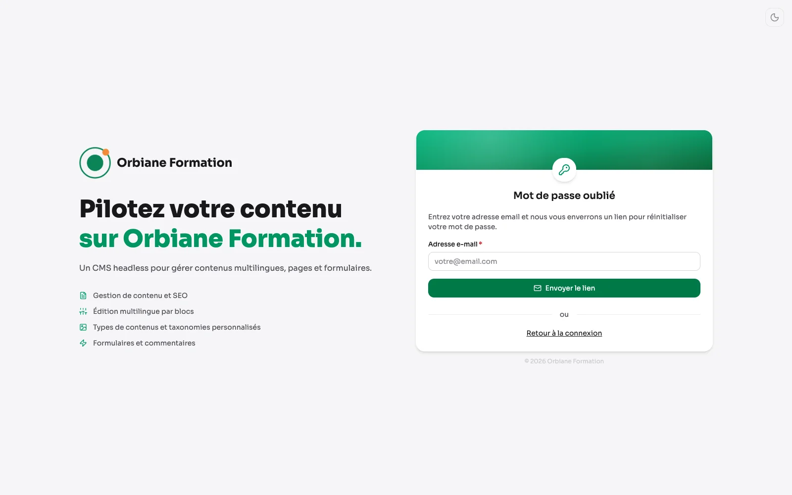 La page « Mot de passe oublié » : une adresse e-mail et le bouton qui envoie le lien.