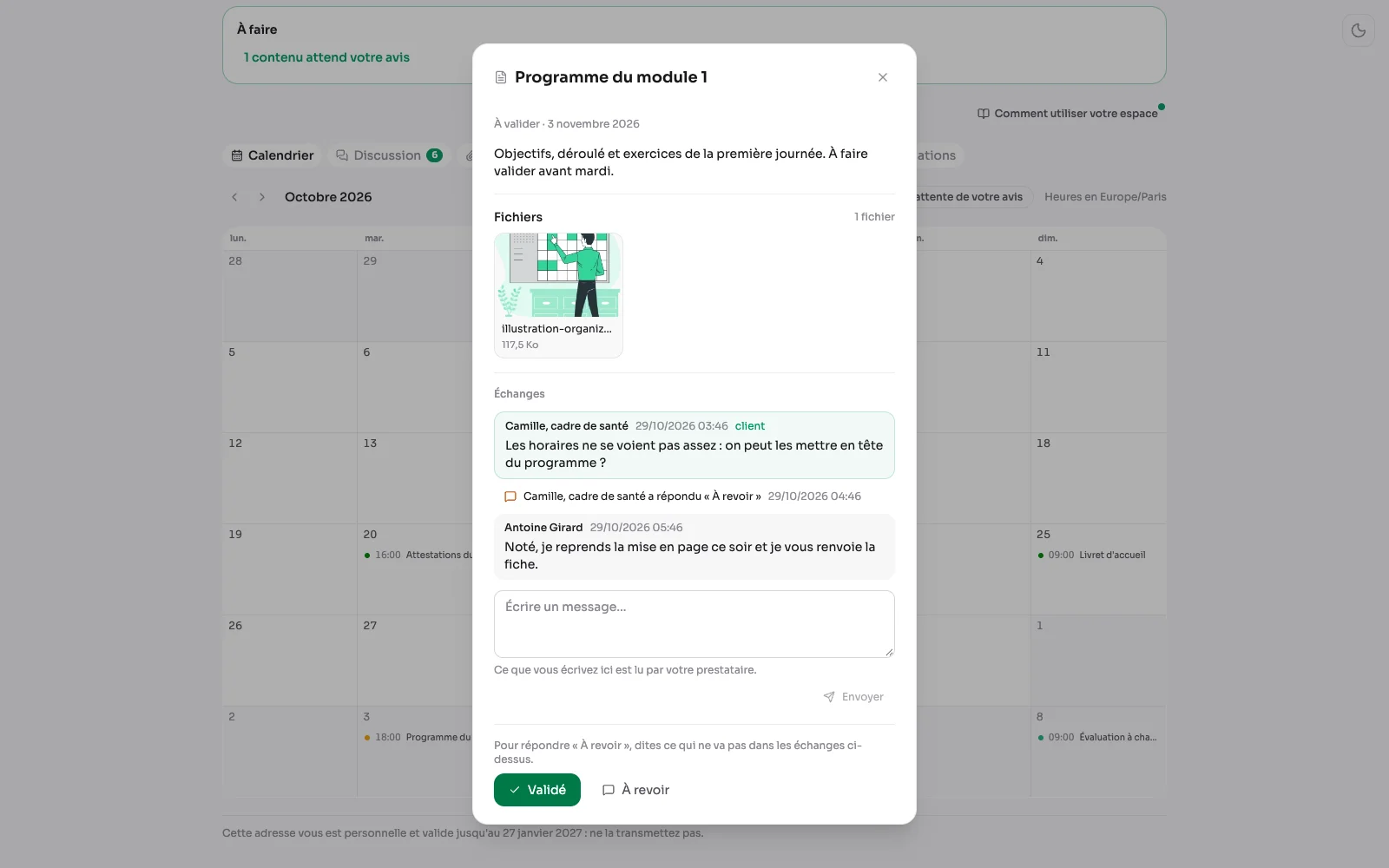 Ein auf Kundenseite geöffneter Inhalt: sein Text, der Austausch und die Buttons „Freigegeben“ und „Änderungen angefragt“.