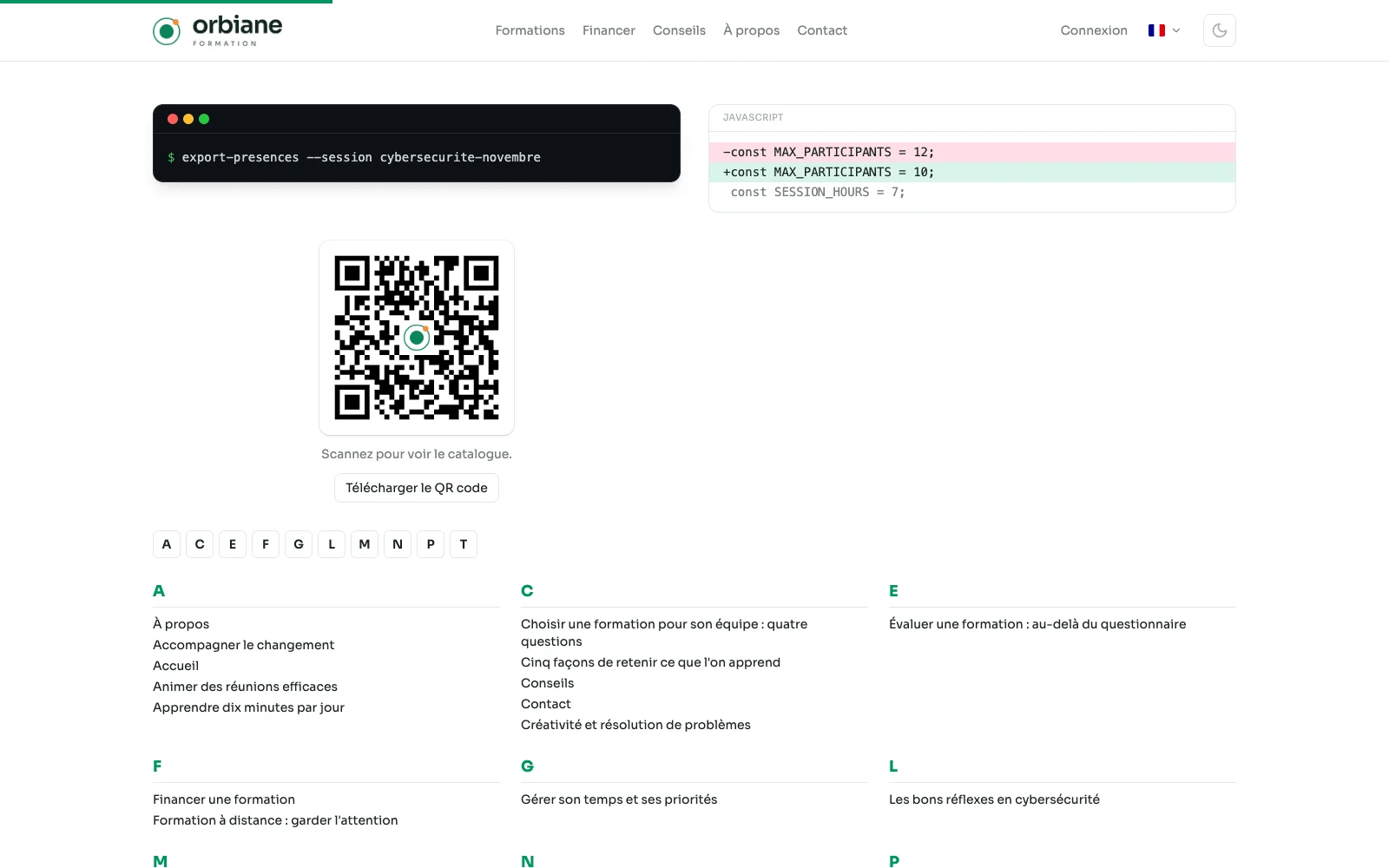 Ein Terminal, ein Diff, ein QR-Code und ein alphabetischer Index.