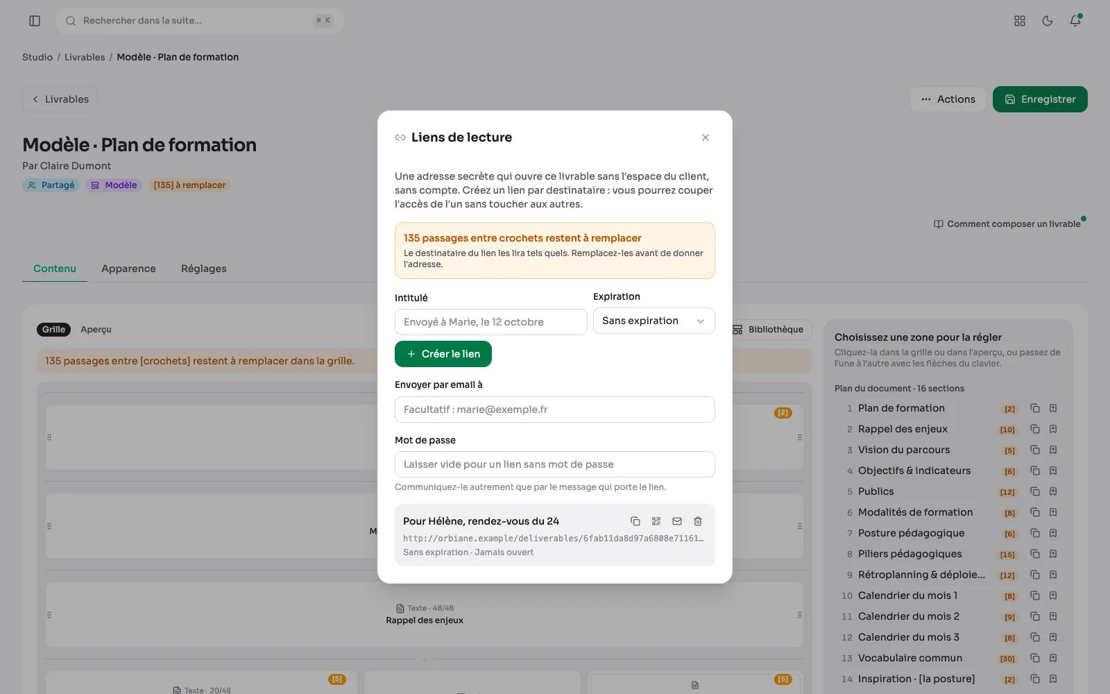 Das Fenster „Leselinks“ eines Lieferobjekts: das Feld „Per E-Mail senden an“ unter dem Formular, dann drei Adressen mit ihrer Senden-Schaltfläche, eine bereits dreimal geöffnet, eine passwortgeschützte, die in einem Monat abläuft, und eine neue, nie geöffnete.