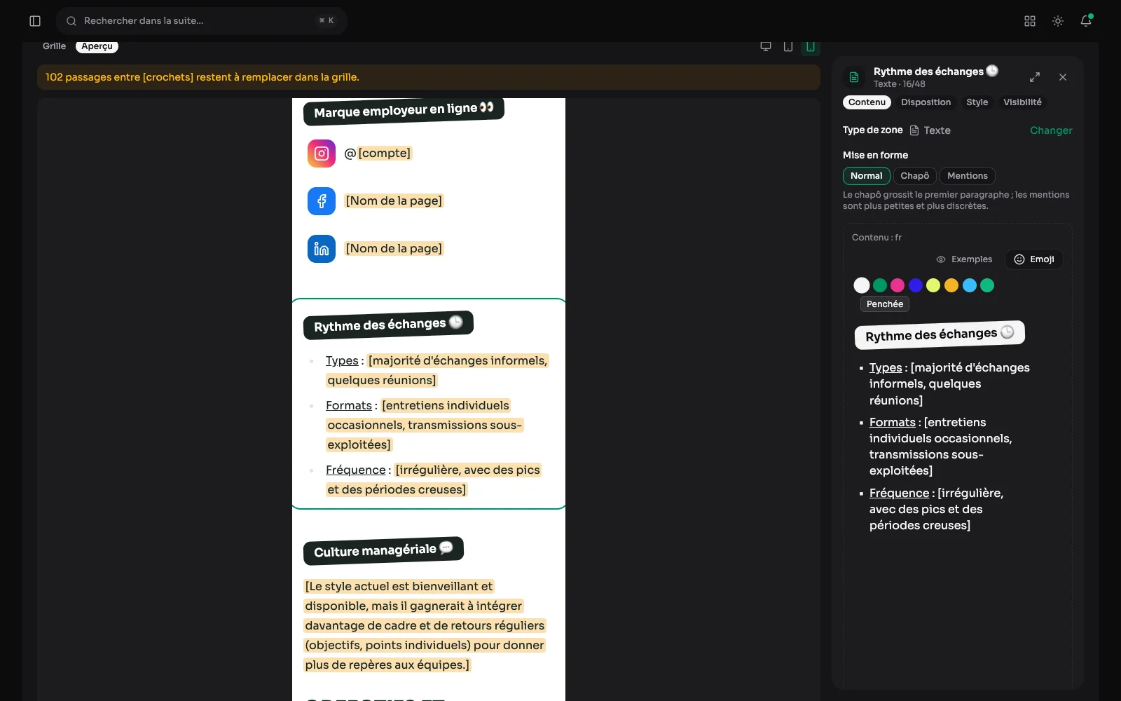 L'aperçu à la place de la grille, en largeur de téléphone : la vraie page, dans le thème du site ; la zone cliquée dans l'aperçu s'y souligne et ses réglages s'ouvrent dans le panneau à droite.