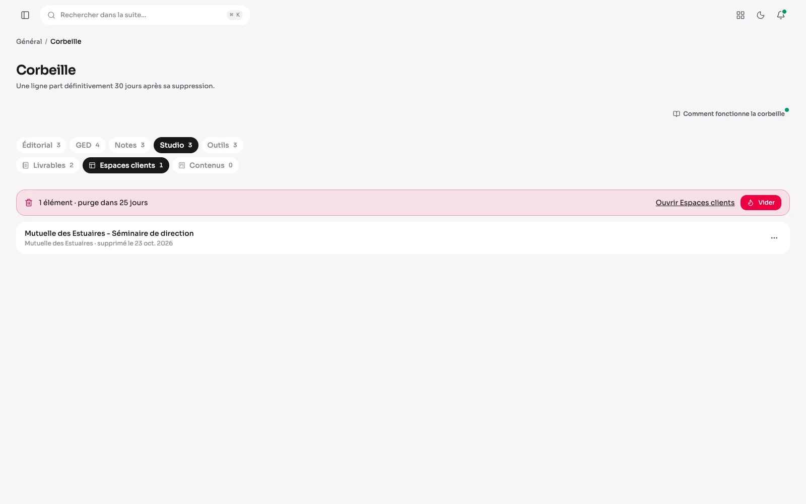 Der Tab „Studio · Kundenbereiche“ des Papierkorbs: ein beiseitegelegter Bereich, den seine Kundenseite und seine Zugangslinks nicht mehr zeigen und den eine Wiederherstellung so zurückbringt, wie er war, samt Inhalten und Notizbereich.
