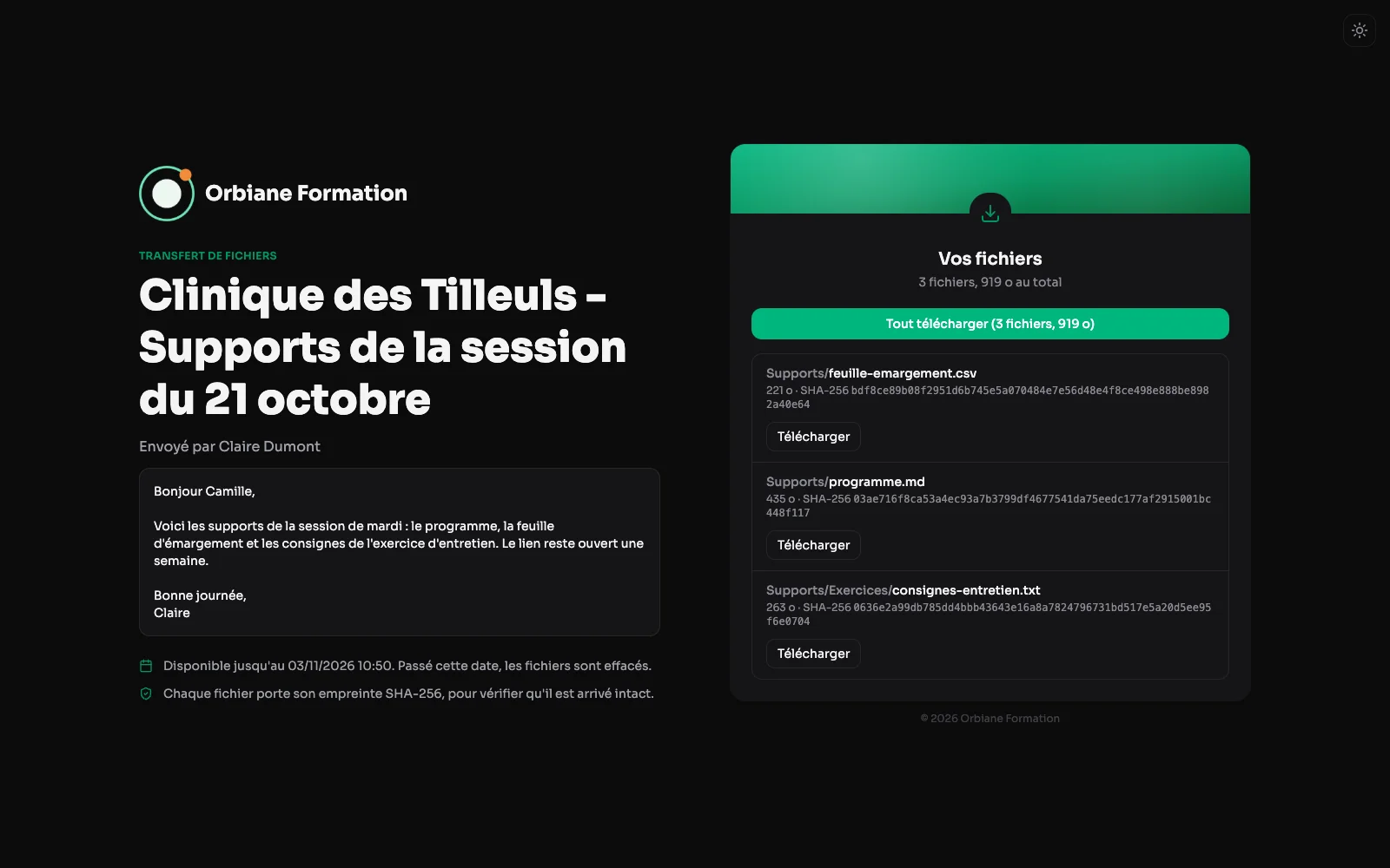 La page publique d'un transfert : le message de l'expéditrice, trois fichiers à télécharger et le bouton pour tout télécharger.
