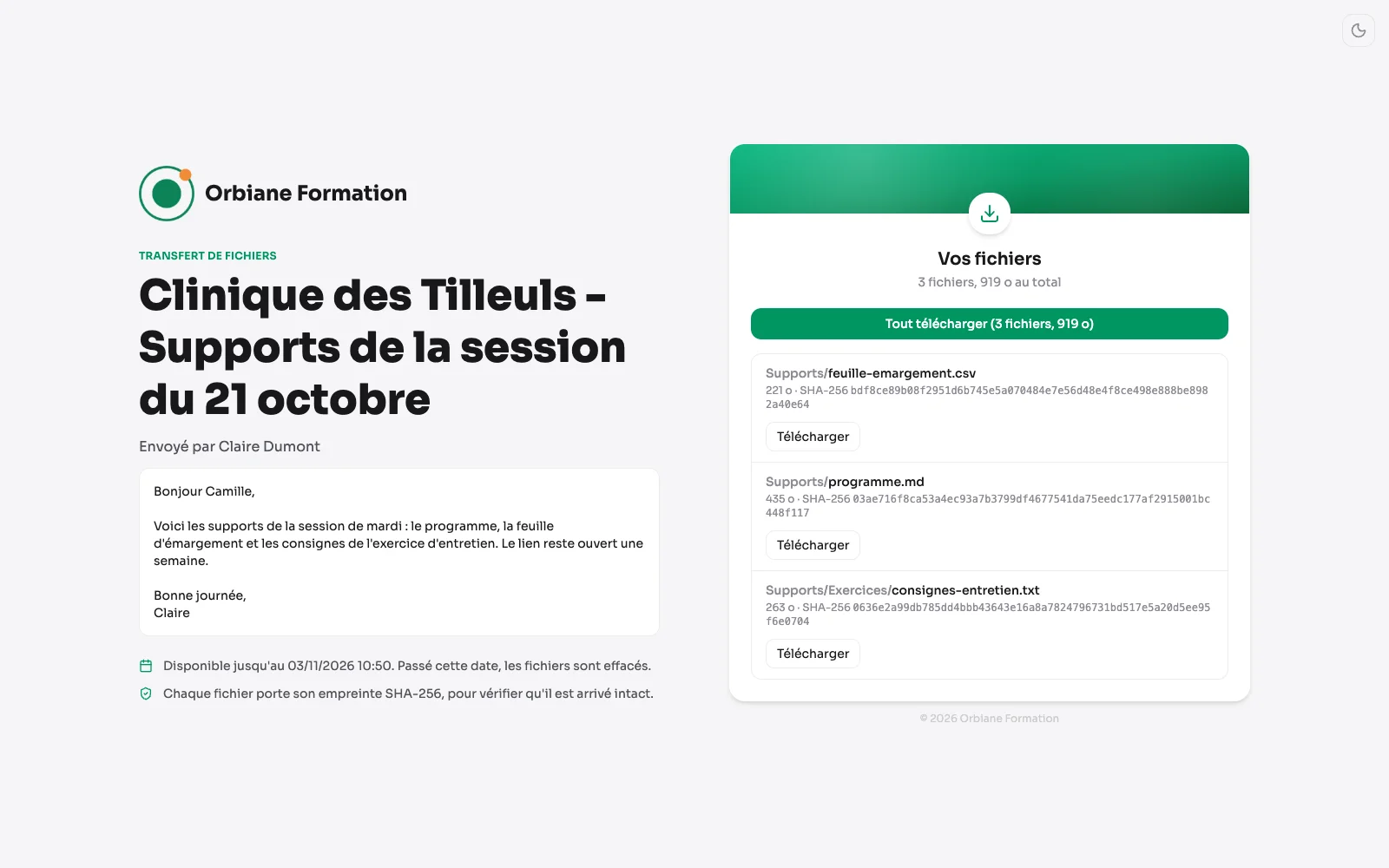 La page publique d'un transfert : le message de l'expéditrice, trois fichiers à télécharger et le bouton pour tout télécharger.
