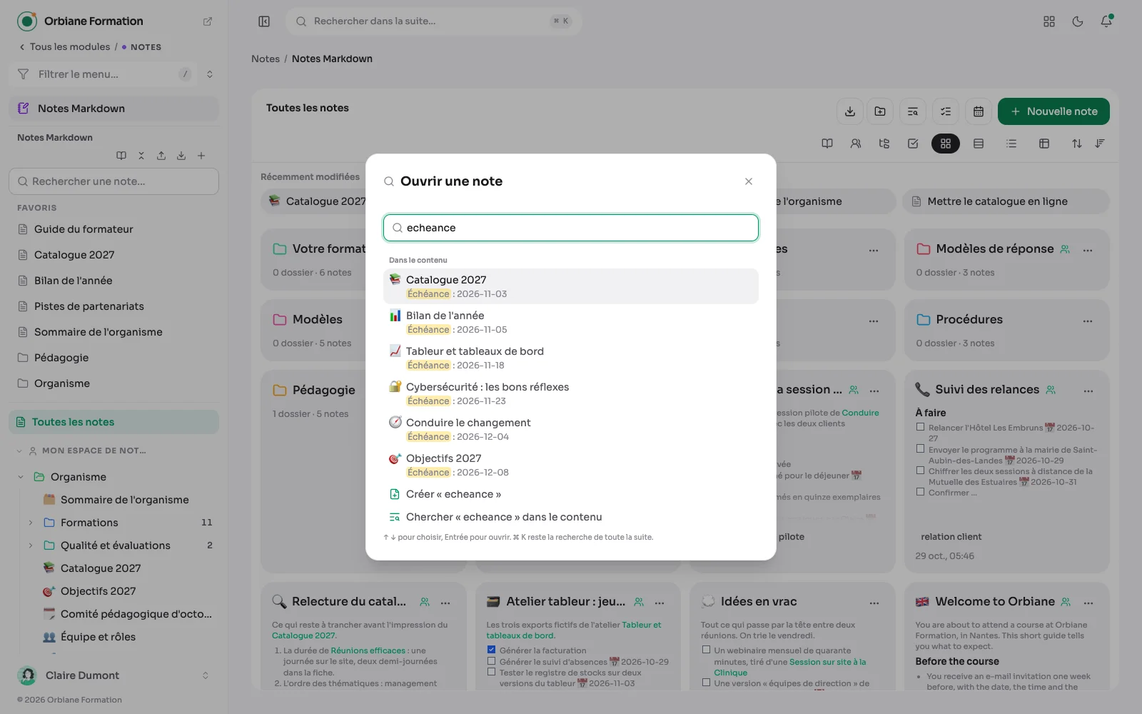 La recherche rapide sur « echeance » : la section « Dans le contenu » avec cinq notes et leur passage, puis Créer et Chercher dans le contenu.