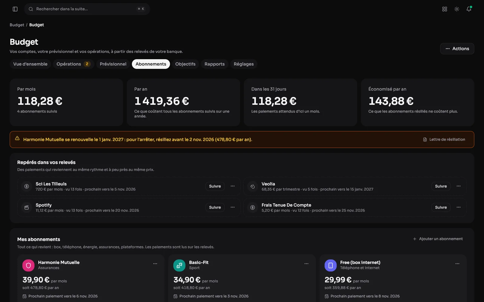 L'onglet Abonnements : 118,28 € par mois et 1 419,36 € par an, l'avis de renouvellement d'une mutuelle avec sa lettre de résiliation, quatre paiements repérés dans les relevés et les abonnements suivis en cartes.