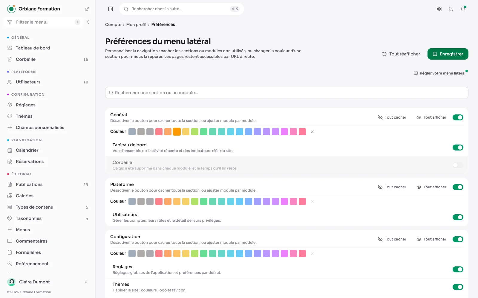 Les préférences du menu latéral : une couleur choisie pour la section Général, et la corbeille masquée du menu.