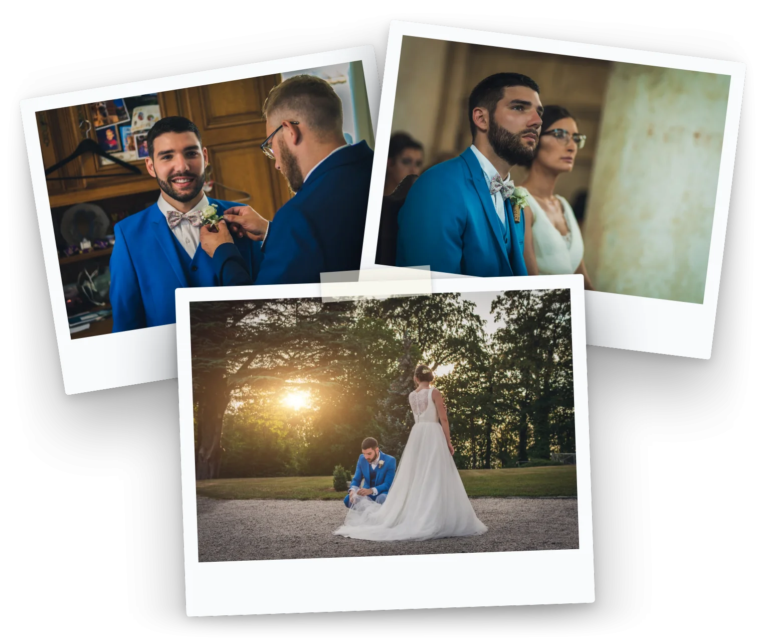 Trois tirages de mariage : la boutonnière, le regard du marié, les mariés au soleil couchant.