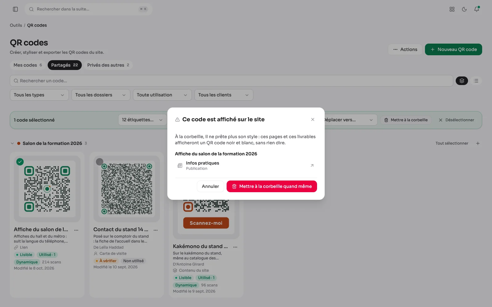 La fenêtre d'avertissement avant la corbeille : le code de l'affiche du salon est affiché sur la page Infos pratiques.