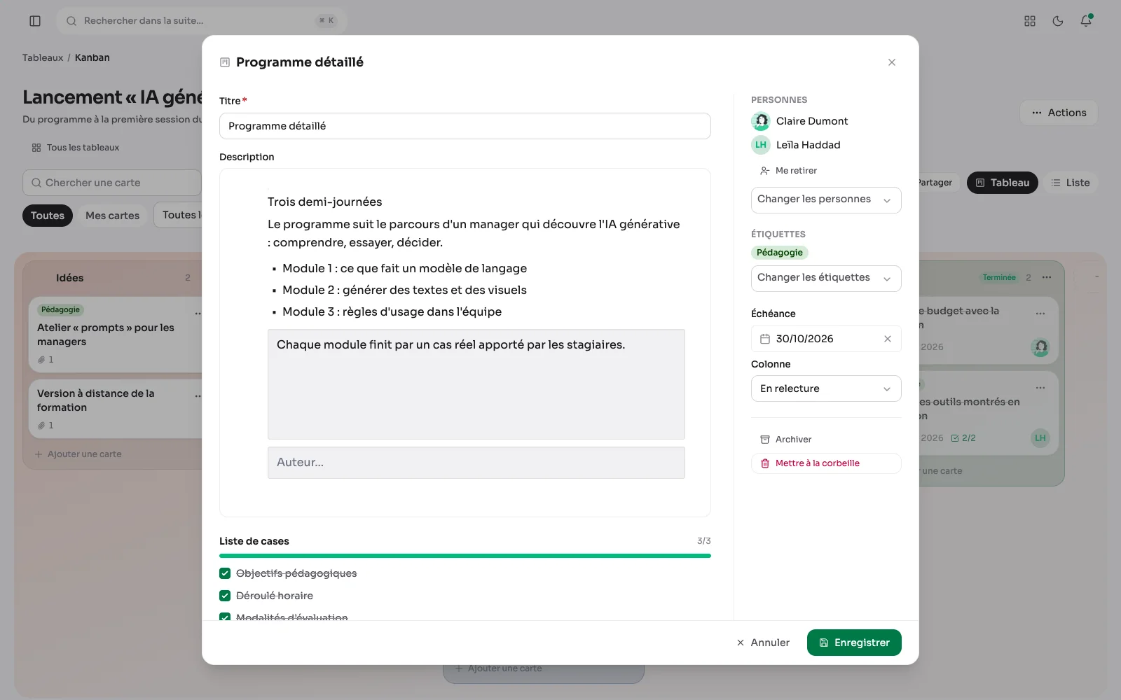 La carte « Programme détaillé » ouverte dans sa grande fenêtre : sa description en blocs et sa liste de cases à gauche, ses deux personnes, son étiquette, son échéance et sa colonne à droite.
