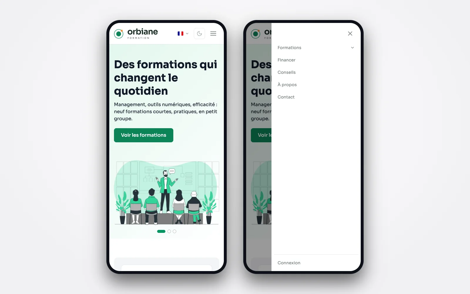 Deux téléphones : la page d'accueil d'un site de démonstration avec son bouton de menu, puis le panneau du menu ouvert.
