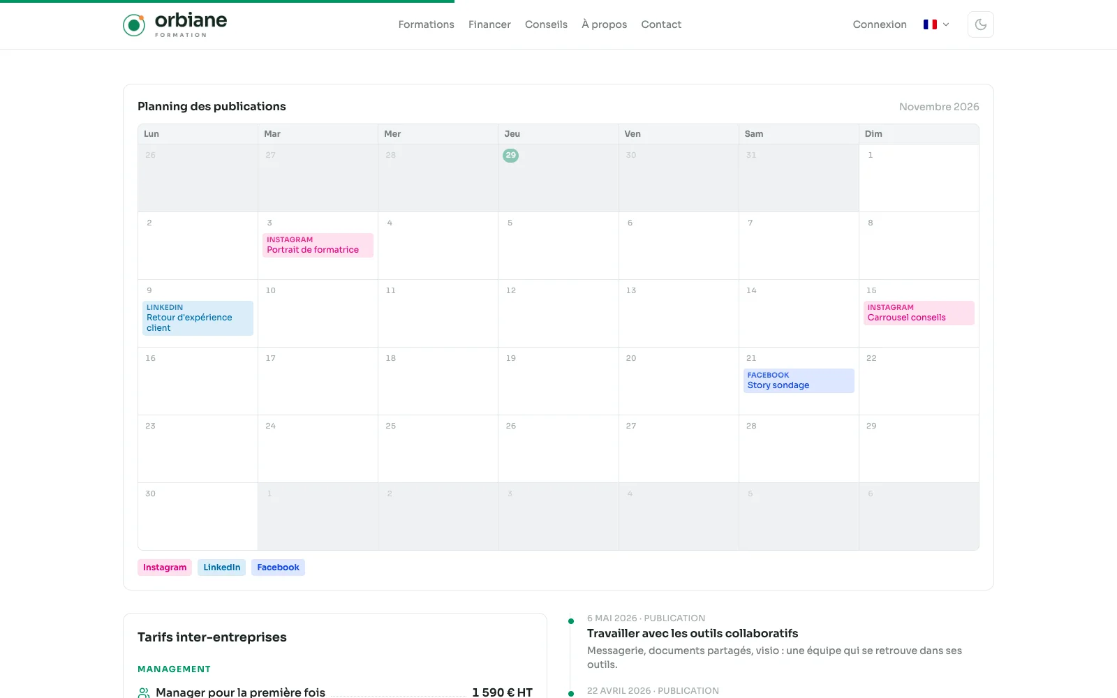 Ein Redaktionskalender des Monats, eine Farbe pro Netzwerk.