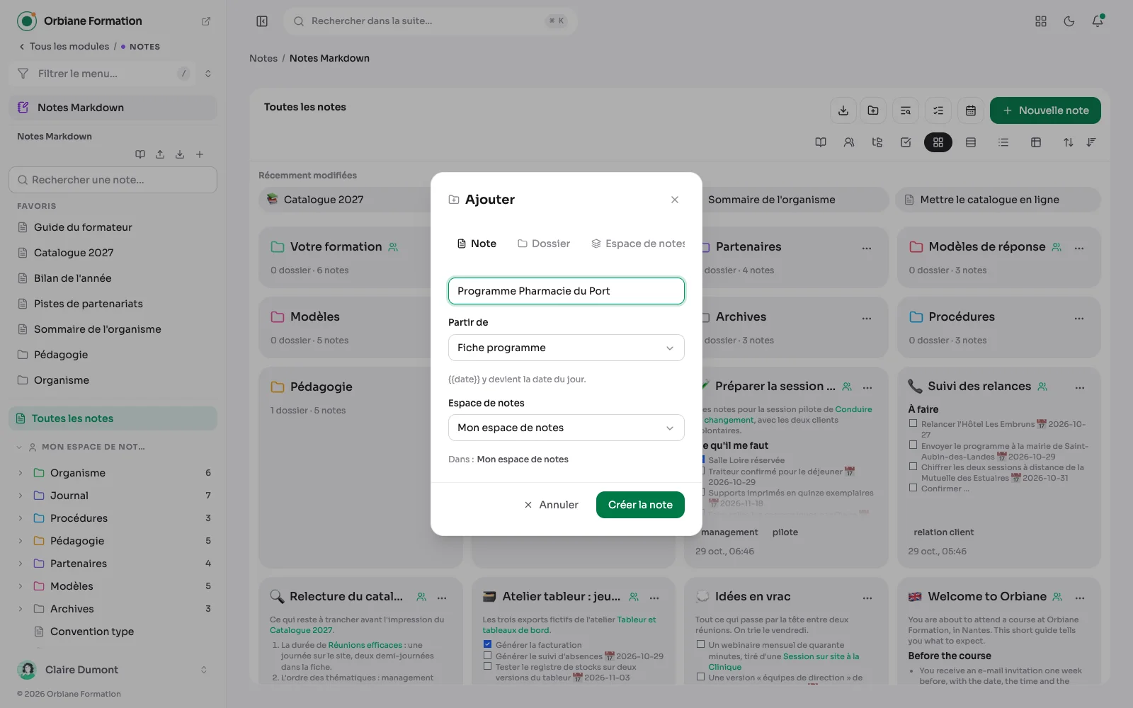 La fenêtre « Ajouter » d'une note, qui part du modèle « Fiche programme » : la note neuve reprend son texte, et la date du jour y remplace le repère prévu.