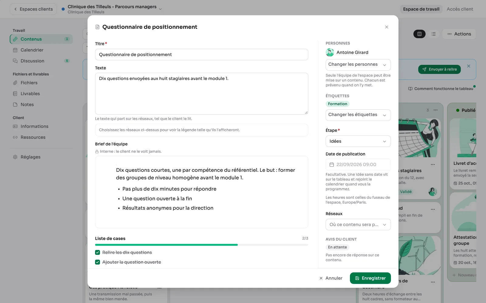 De kaart van een item, met haar tekst, haar bestanden en haar gespreksdraad.