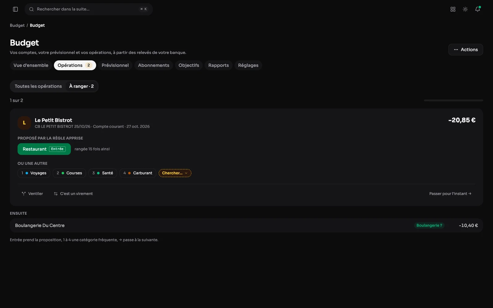 La file « À ranger » : une opération au restaurant, la catégorie proposée par la règle apprise et les quatre catégories fréquentes.