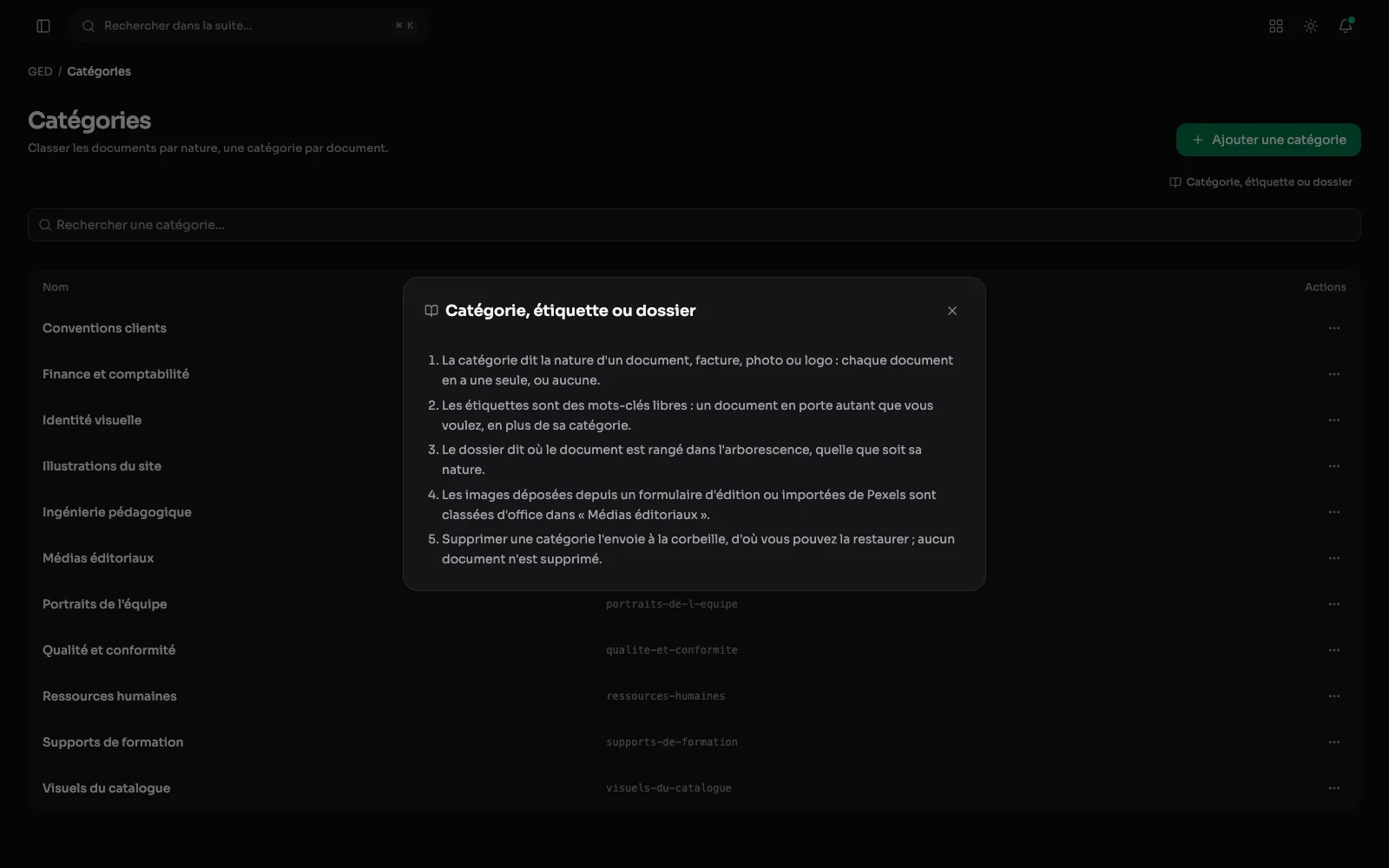 L'écran des catégories de la médiathèque, avec son guide « Comment ça marche » ouvert dans sa fenêtre : cinq étapes qui expliquent la différence entre catégorie, étiquette et dossier. Chaque écran a le sien.
