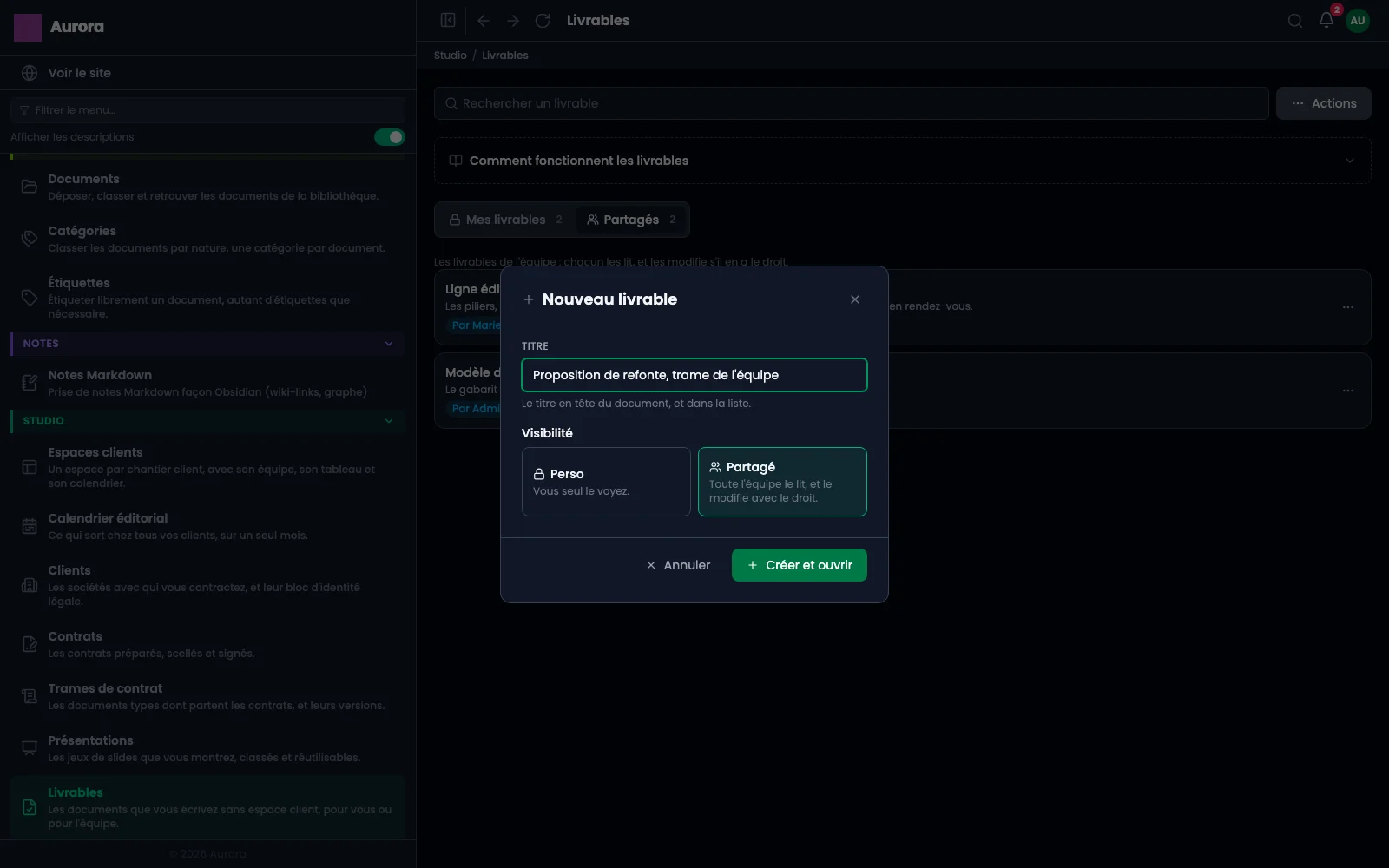 La ventana «Nuevo entregable»: un título y la elección de su visibilidad, personal o compartido, antes de abrir el editor.