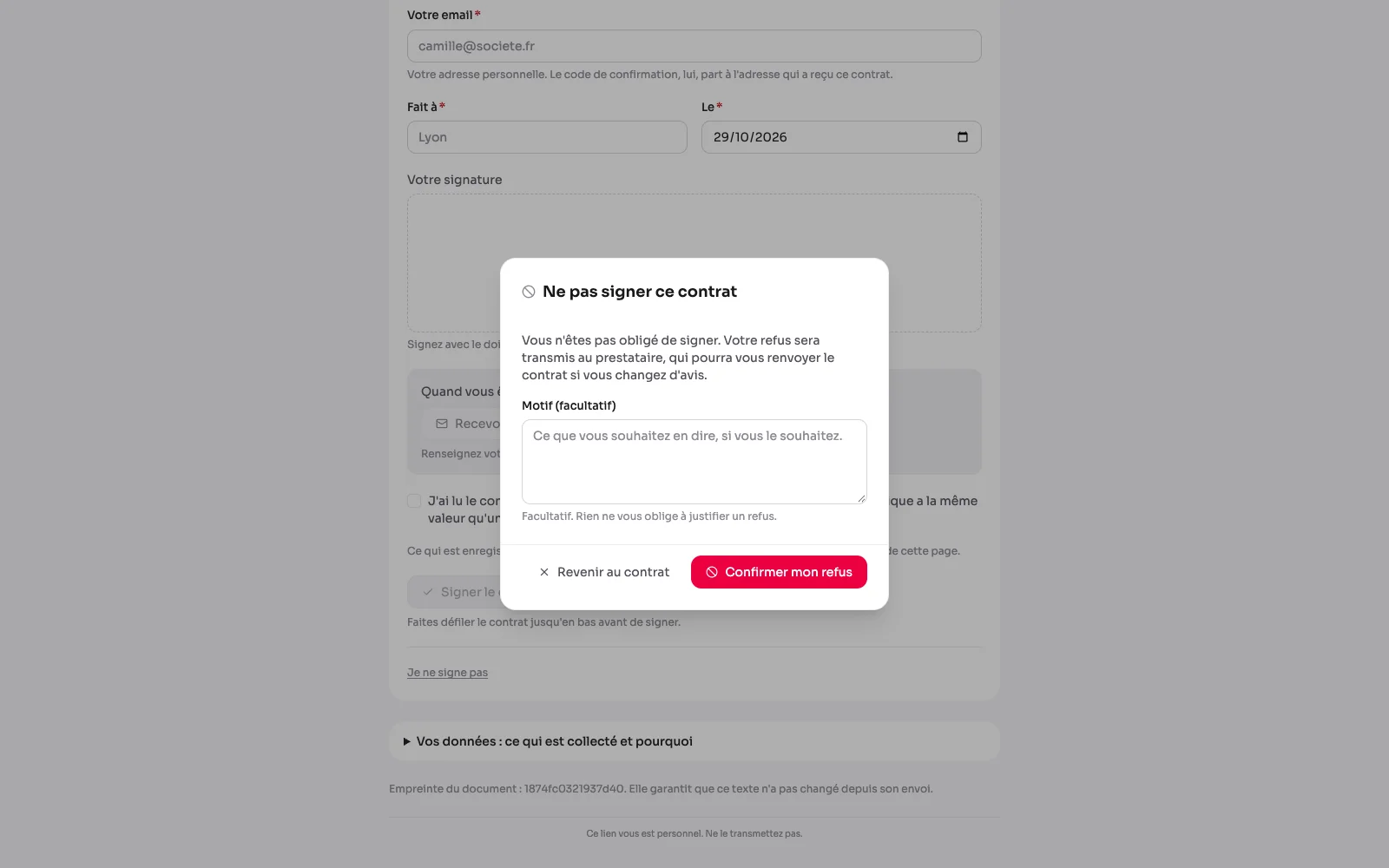 Das Fenster „Diesen Vertrag nicht unterzeichnen“: eine optionale Begründung und die Bestätigung der Ablehnung.