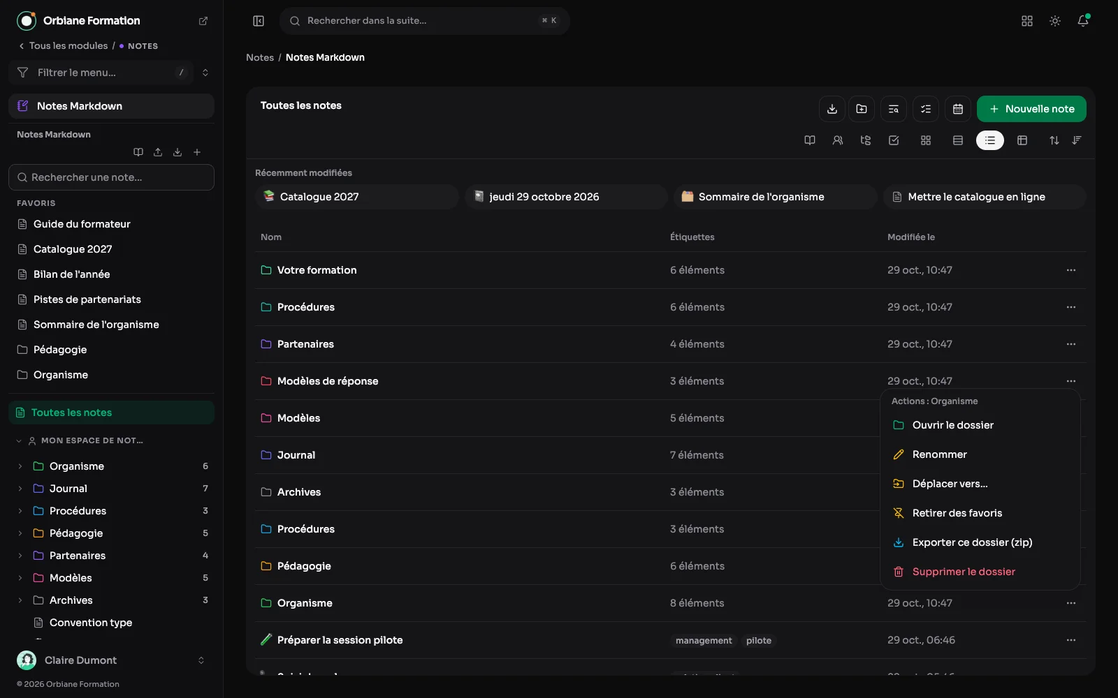 Le menu d'un dossier de notes ouvert sur « Exporter ce dossier (zip) », et en haut de la bibliothèque l'icône qui exporte ce qui est affiché : un zip de fichiers Markdown, rangé par espace et par dossier.