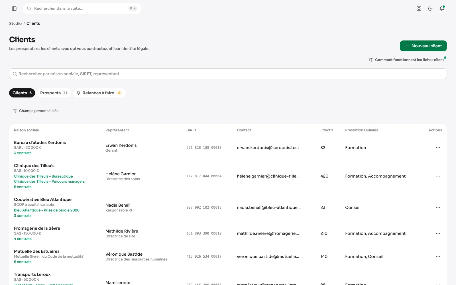 La liste des clients, avec leur identité légale et le nombre de leurs contrats.