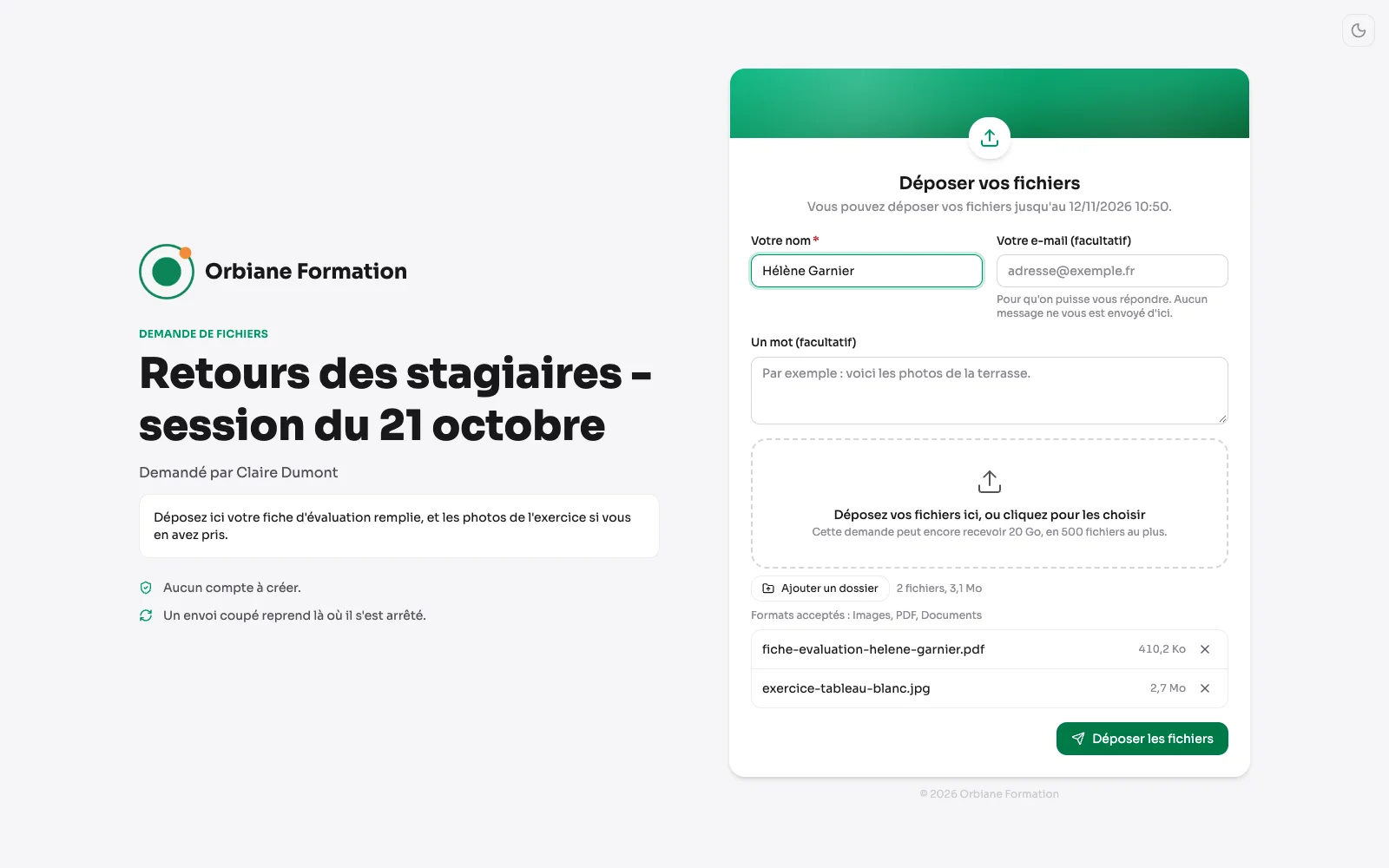 La page publique d'une demande de fichiers : le nom de la personne, deux fichiers choisis et les formats acceptés.