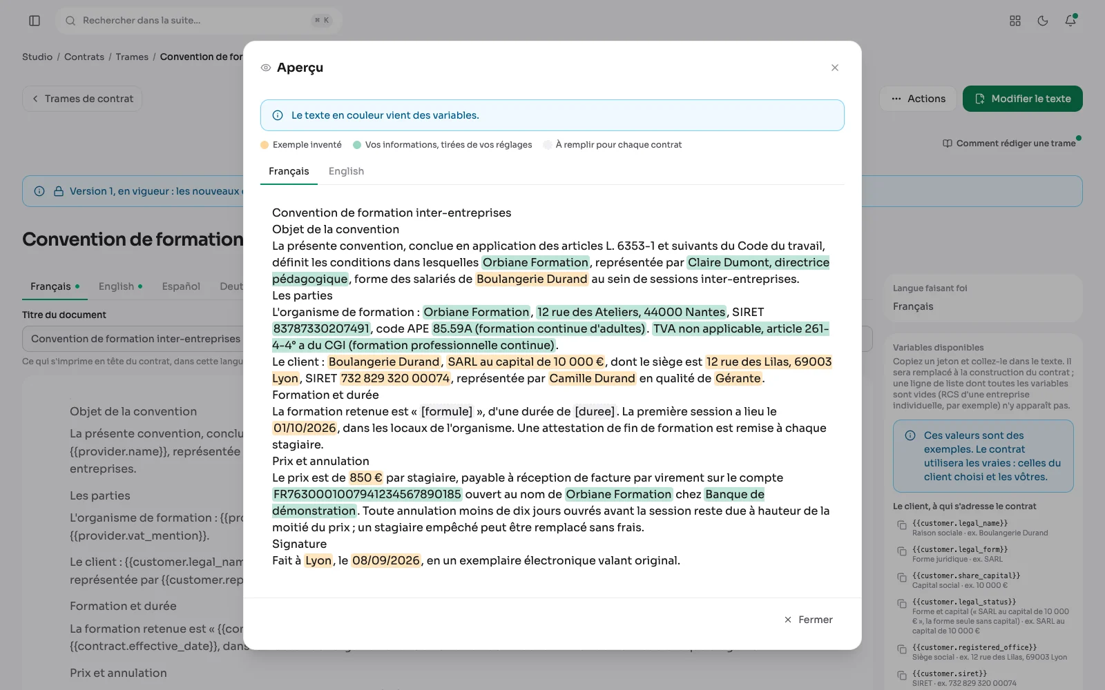 L'aperçu d'une trame : chaque valeur venue d'une variable est colorée selon sa source, exemple inventé, vraie information ou champ à remplir.