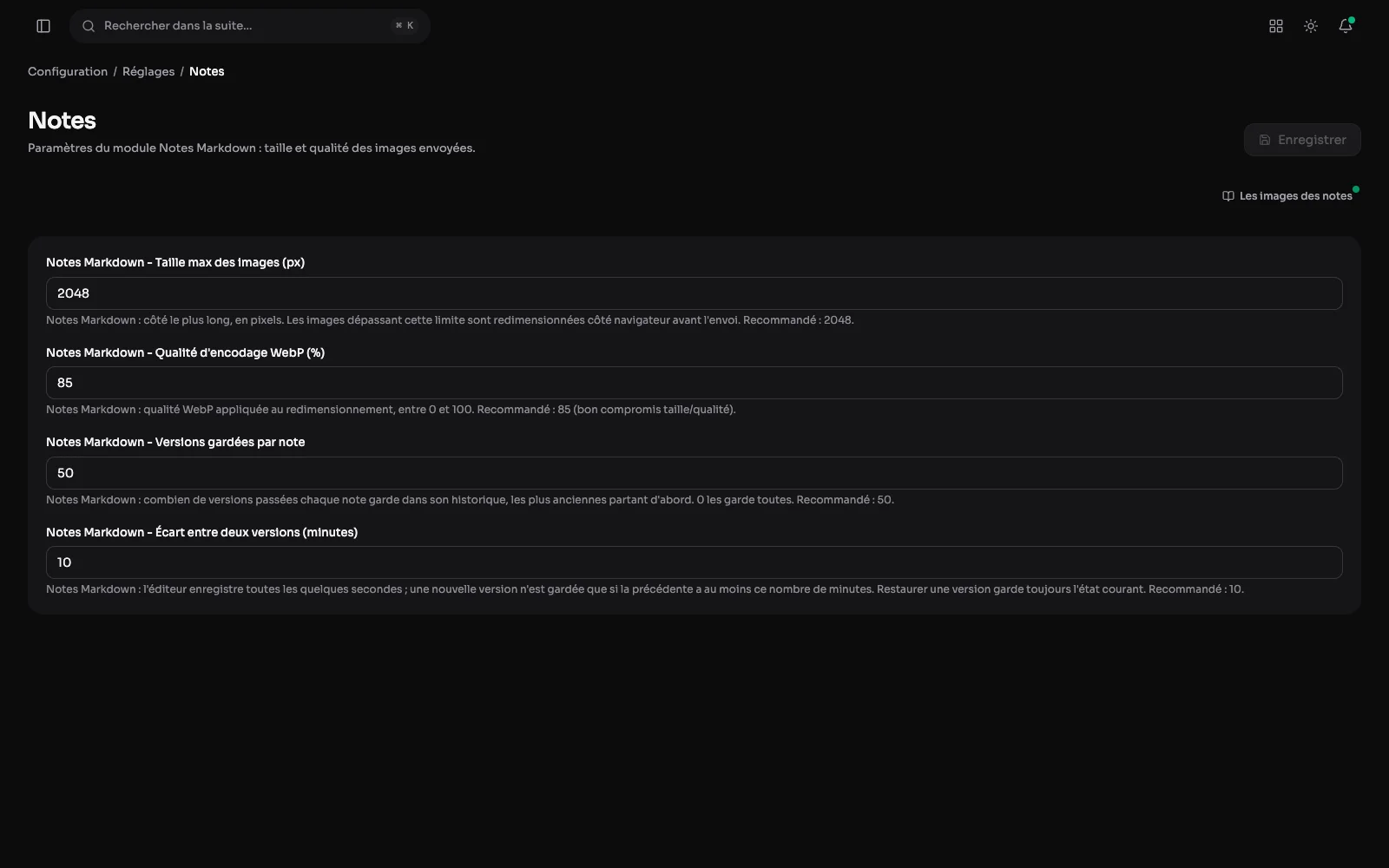 Réglages > Notes : taille maximale et qualité des images, versions gardées par note et écart entre deux versions.
