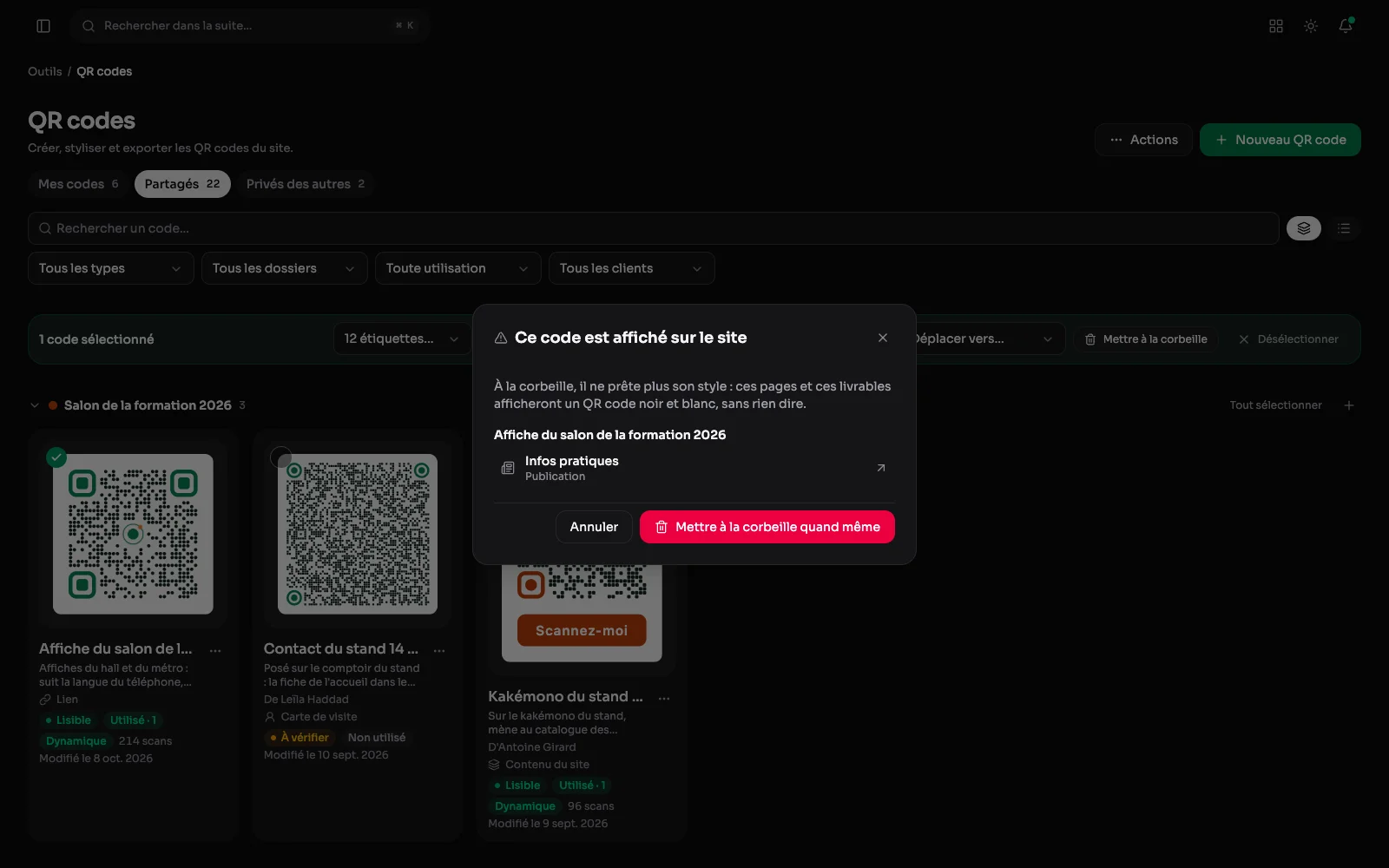 La fenêtre d'avertissement avant la corbeille : le code de l'affiche du salon est affiché sur la page Infos pratiques.