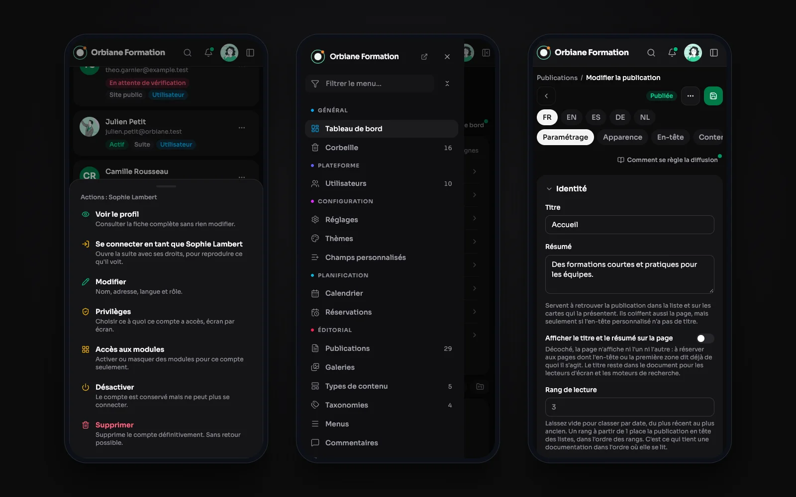 Auf dem Smartphone: die Aktionen eines Kontos als Sheet, das Menü als Schublade und eine Veröffentlichung mit ihrer Seitenleiste.
