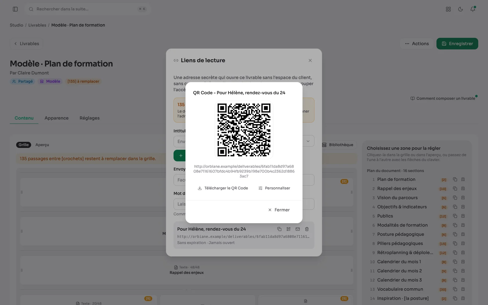 Der QR-Code eines Leselinks eines Lieferobjekts, bereit zum Scannen oder Herunterladen.