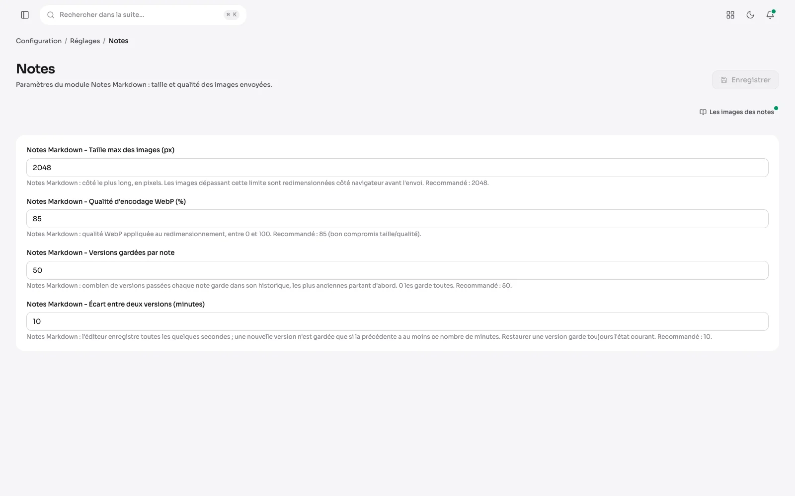 Réglages > Notes : taille maximale et qualité des images, versions gardées par note et écart entre deux versions.