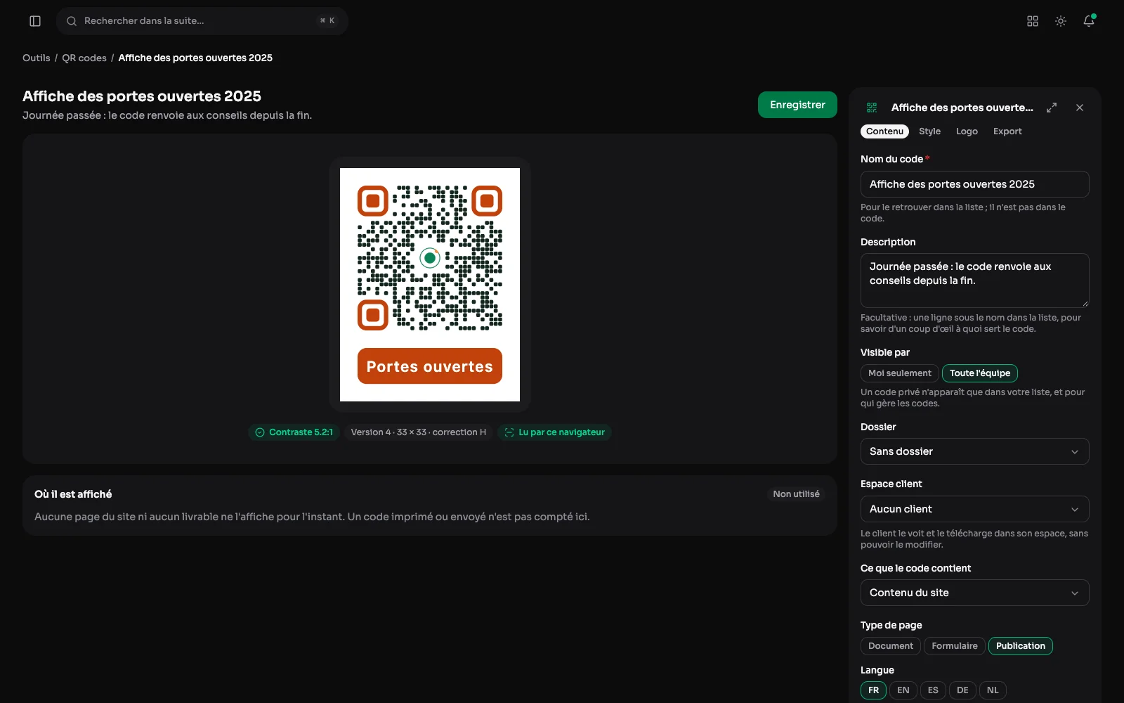 L'onglet Contenu d'un code qui ouvre une page du site : le type Document choisi et l'affiche des portes ouvertes cochée