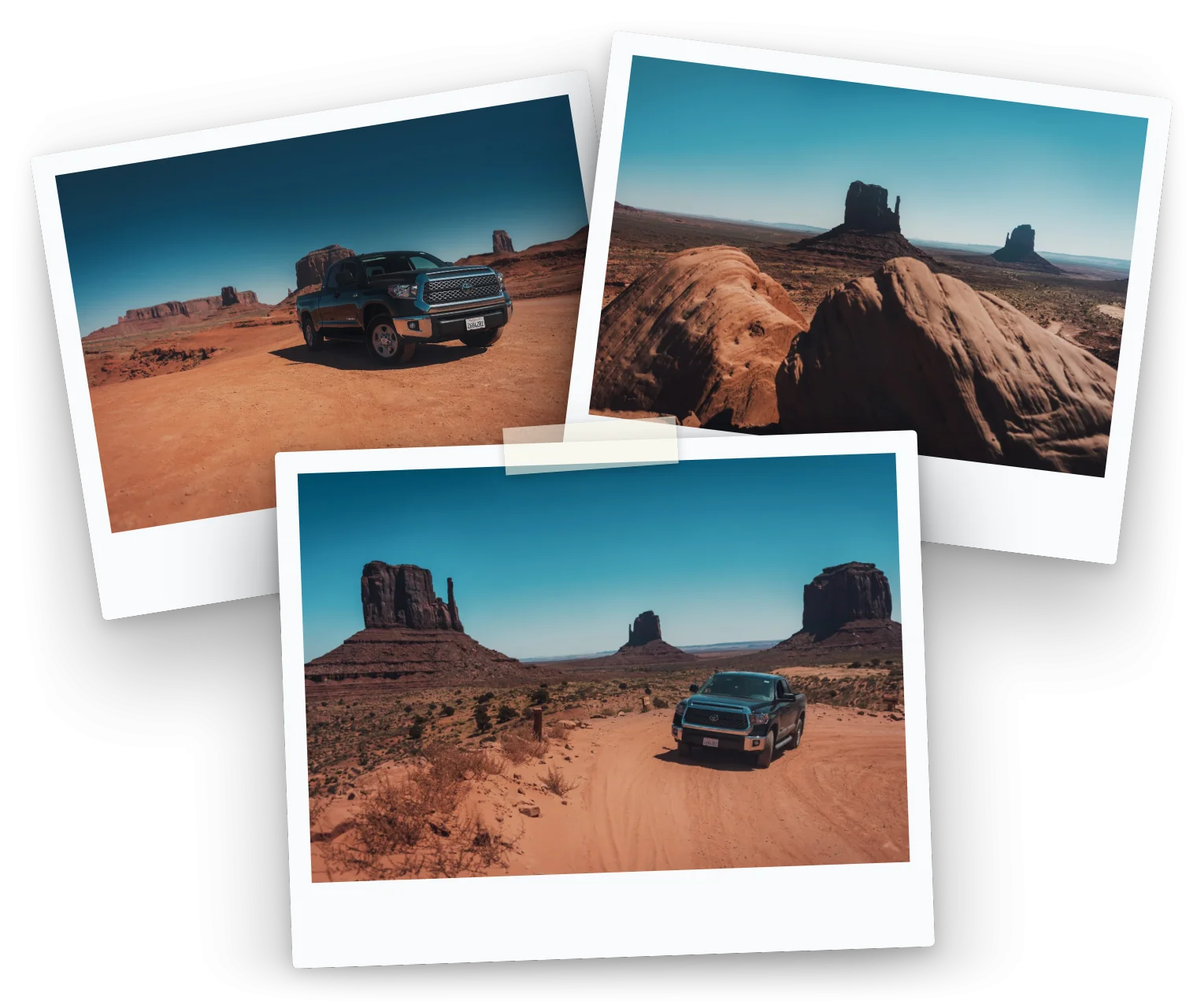 Trois tirages de Monument Valley : le pick-up face aux buttes, les buttes au soir, la piste.