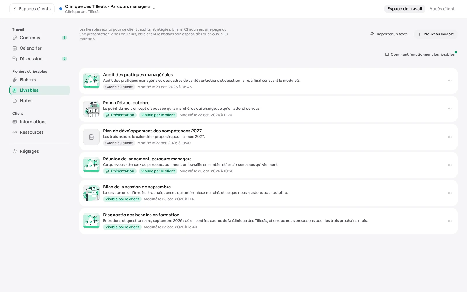 Het tabblad Deliverables van een klantomgeving: een presentatie en twee pagina's die aan de klant zijn getoond, een nog verborgen plan, en ‘Een tekst importeren’ om van een geschreven document uit te gaan.
