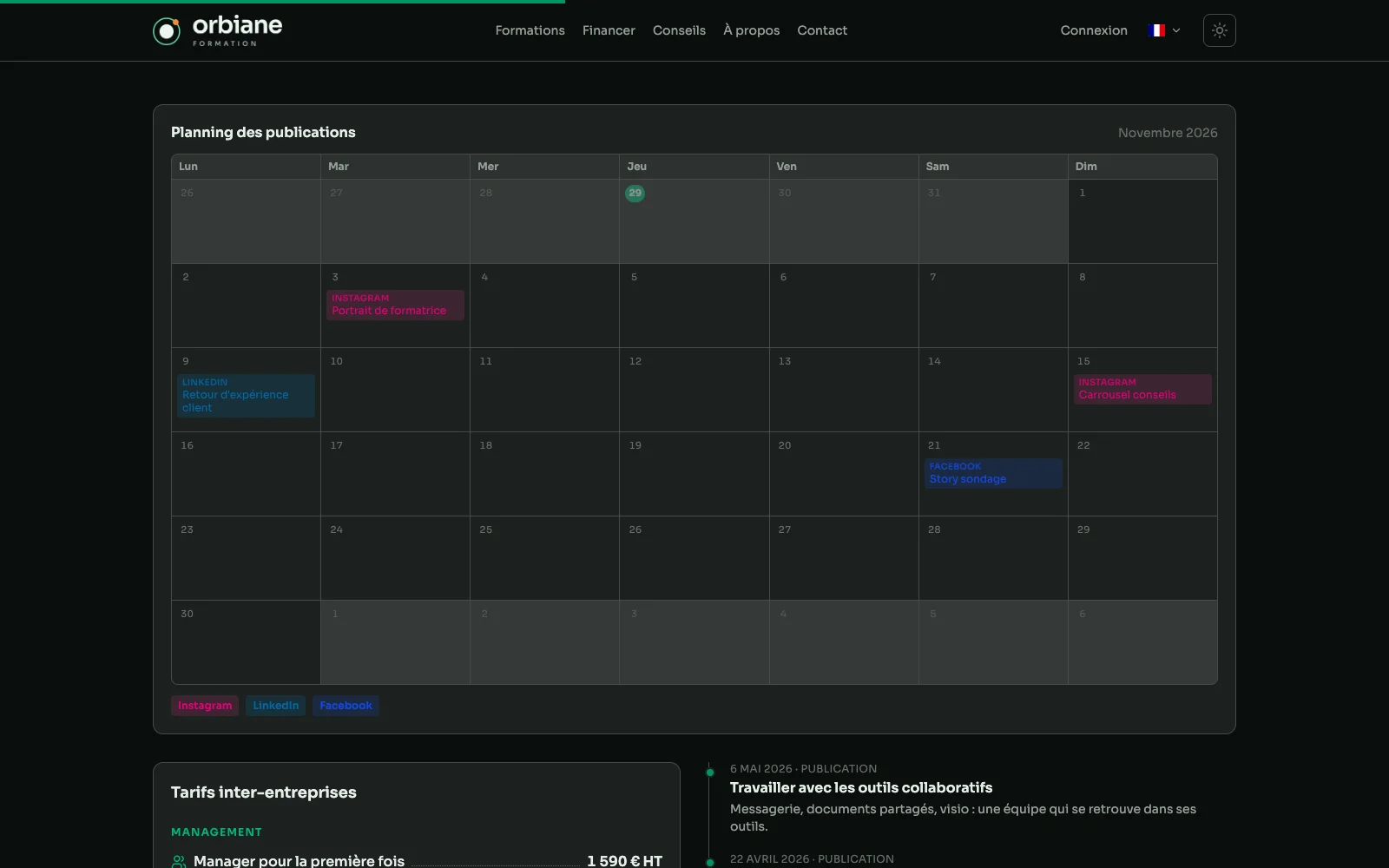 Ein Redaktionskalender des Monats, eine Farbe pro Netzwerk.